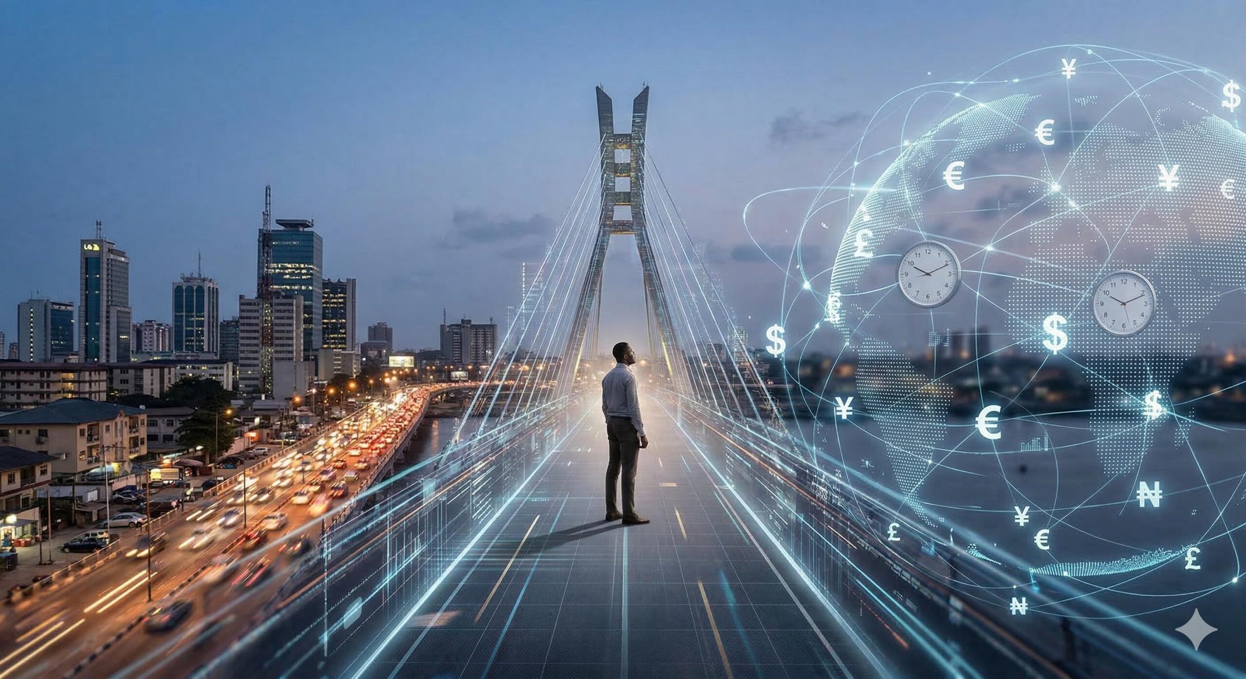 A digital bridge connects Lagos, Nigeria, to global currency markets, representing a forex broker's role.
