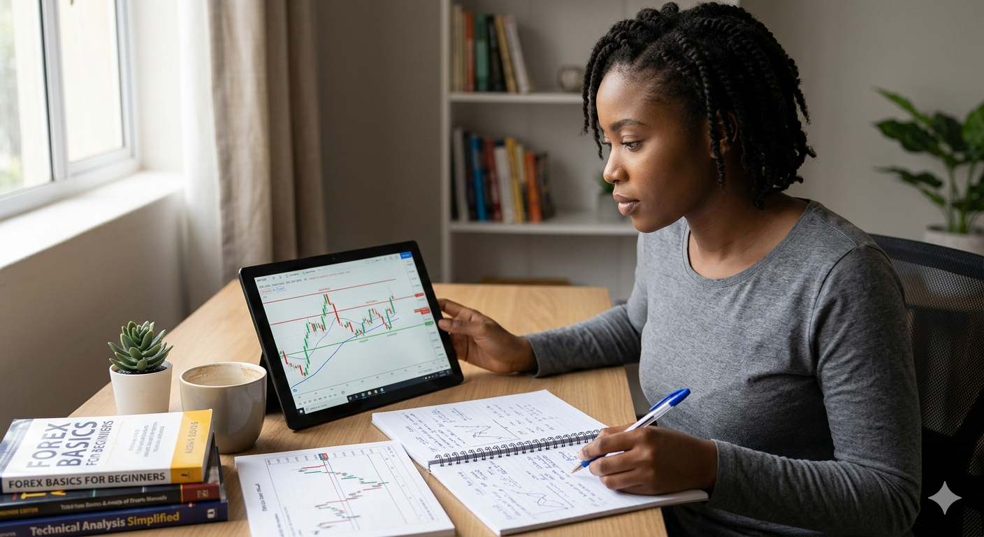 A focused young Nigerian forex beginner studying technical analysis charts on a tablet, taking notes.