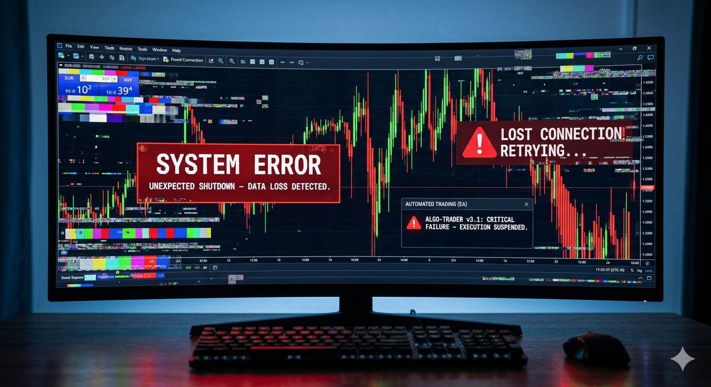 A glitched computer screen showing error messages and chaotic forex charts, visualizing automation software failure.