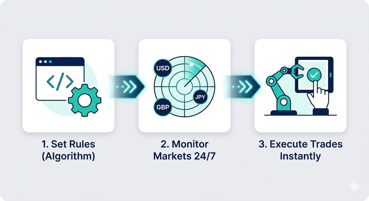 A three-step infographic diagram explaining how forex trading automation software operates.