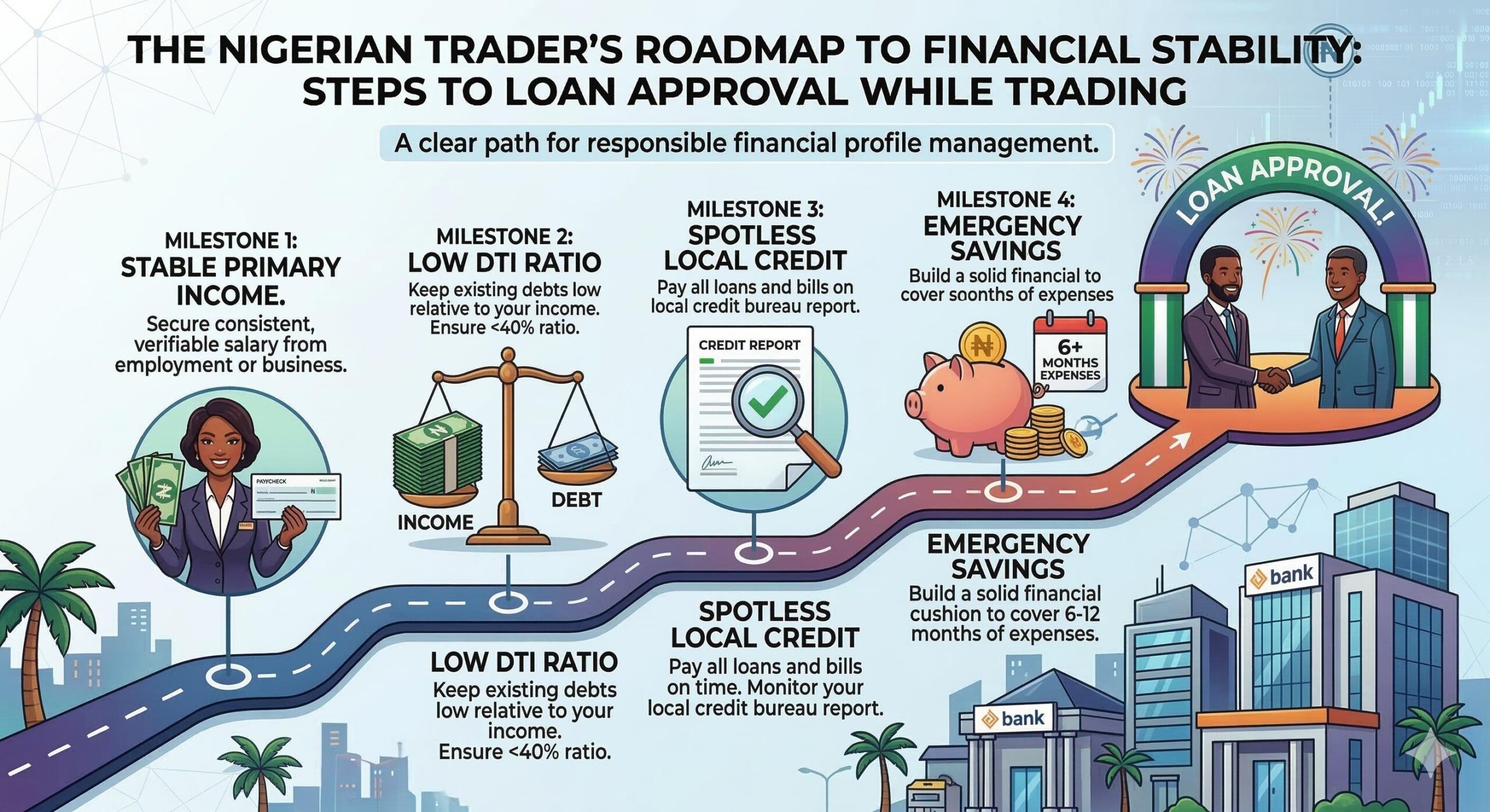 An educational vector infographic showing four milestones to loan approval while trading_ Stable Primary Income, Low DTI Ratio, Spotless Local Credit, and Emergency Savings.