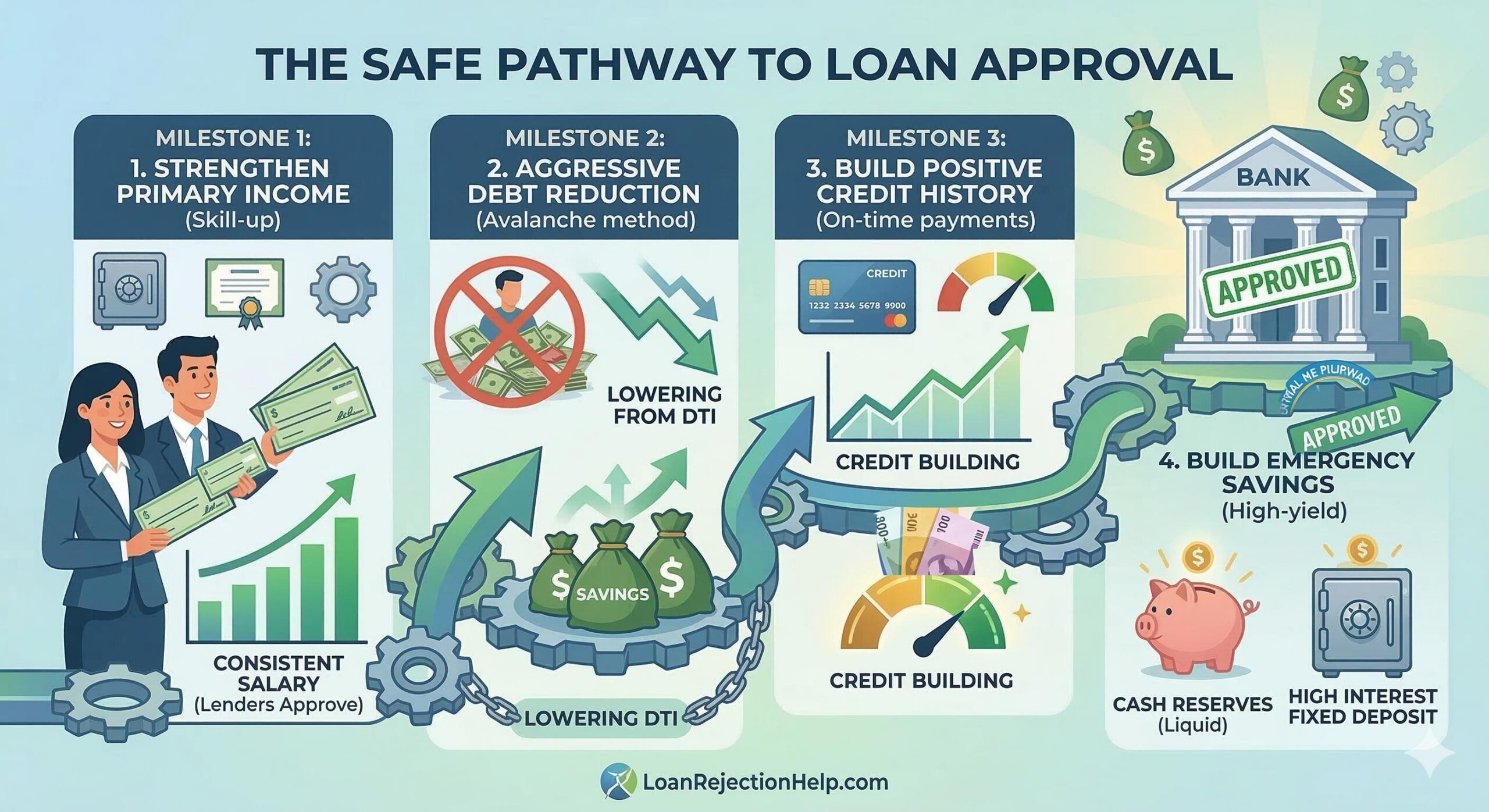 An educational vector infographic showing four milestones to loan approval with foreign income_ Strong Emergency Savings, Low DTI, Spotless Local Credit, and Consistent Income Documentation.