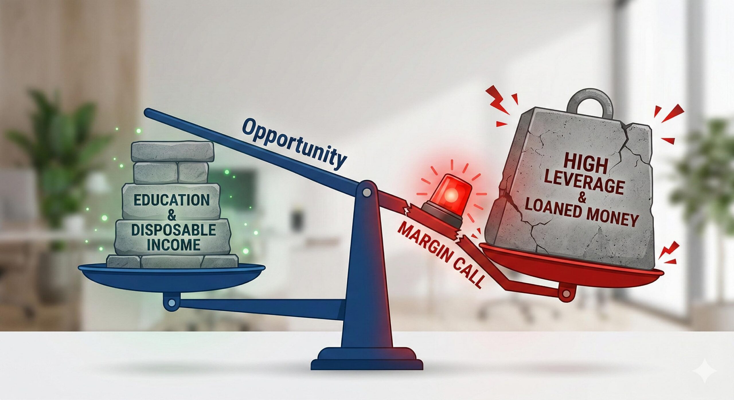 An illustrated balance scale comparing responsible trading education with the dangers of high leverage and loaned capital.
