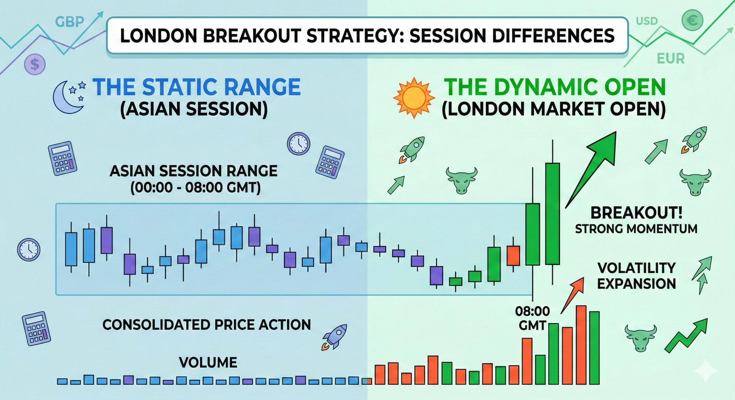 Chart comparing the quiet Asian forex range and the volatile London market open breakout.