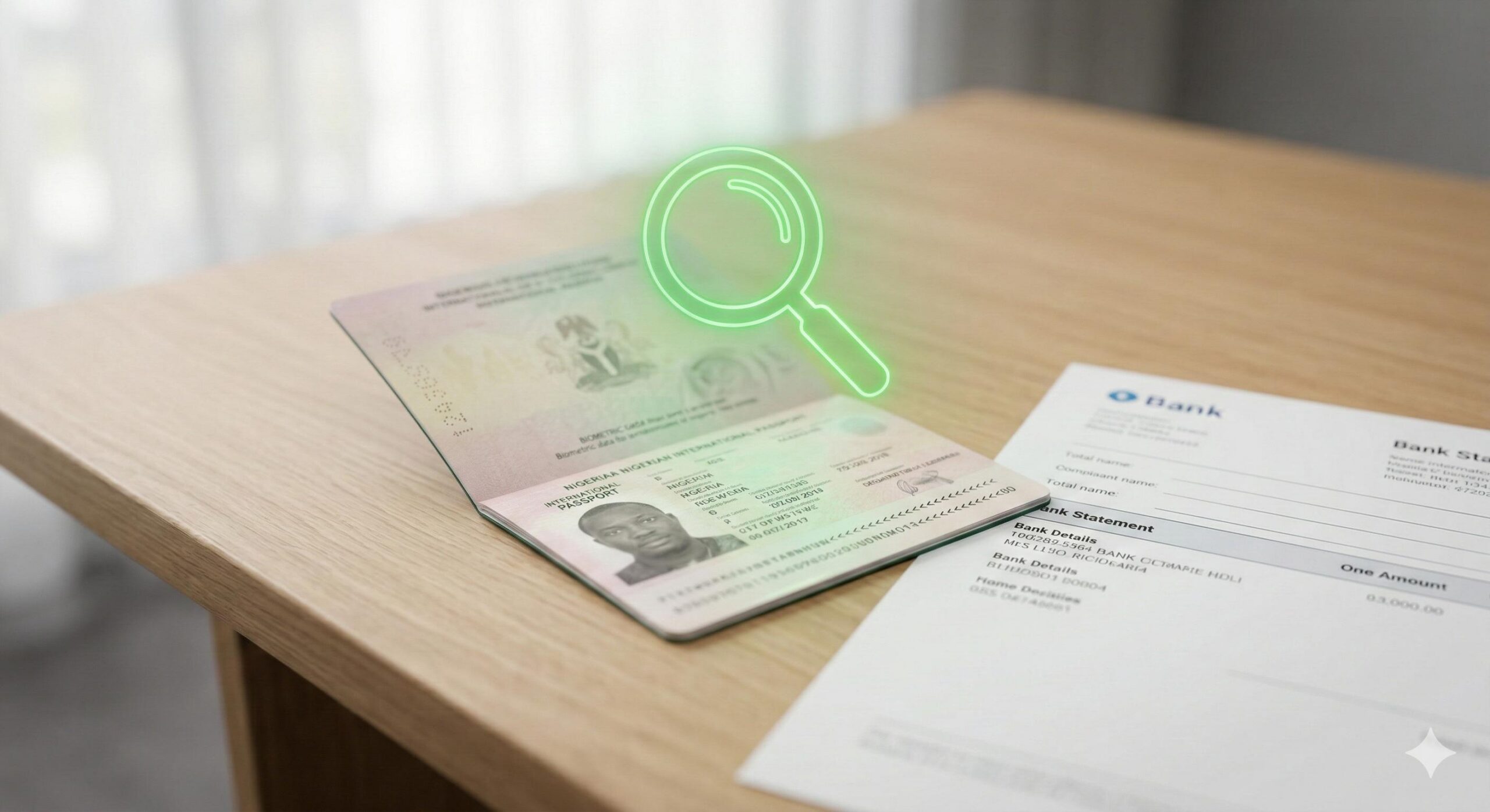 Close-up visual of a valid Nigerian International Passport and a utility bill undergoing digital verification.