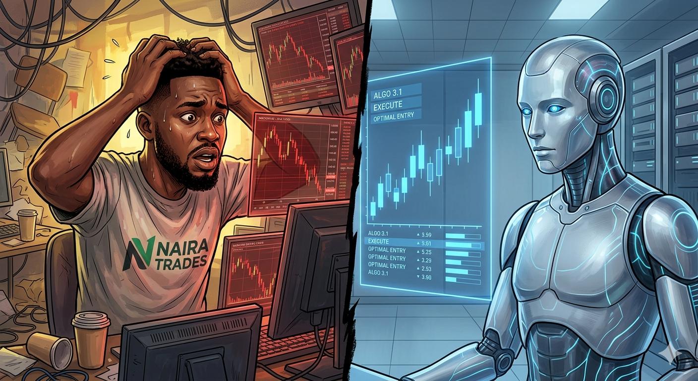 Comparison art showing a stressed human trader contrasted with a calm, algorithmic trading robot.