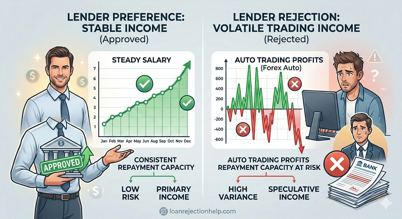Comparison chart contrasting a steady salary graph that lenders approve for loans, versus a chaotic, volatile auto trading profit graph that lenders reject.