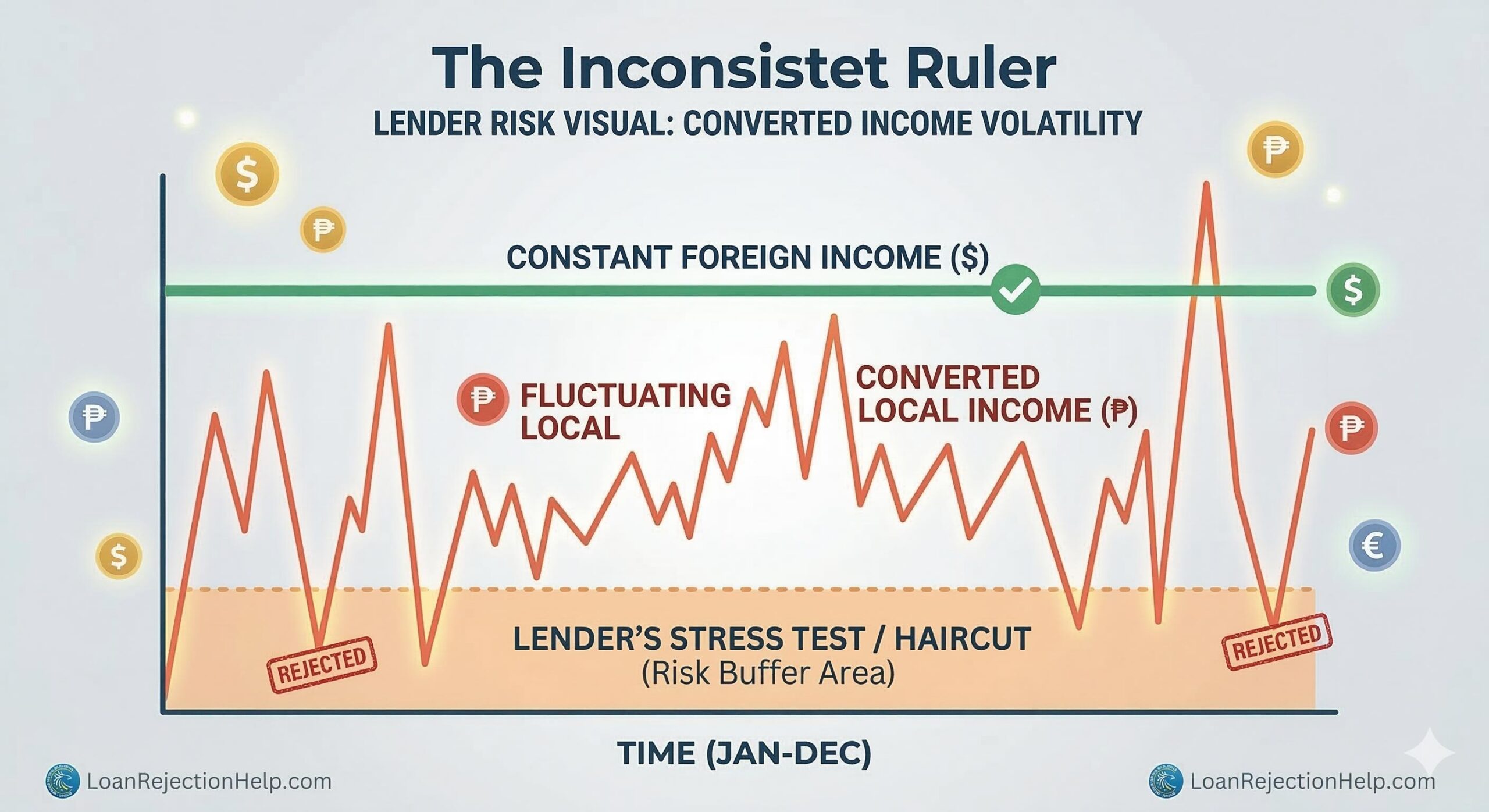 Financial chart comparing a smooth green horizontal line for traditional stable salary, against a highly erratic orange jagged line for volatile currency income, visualizing lender risk area.