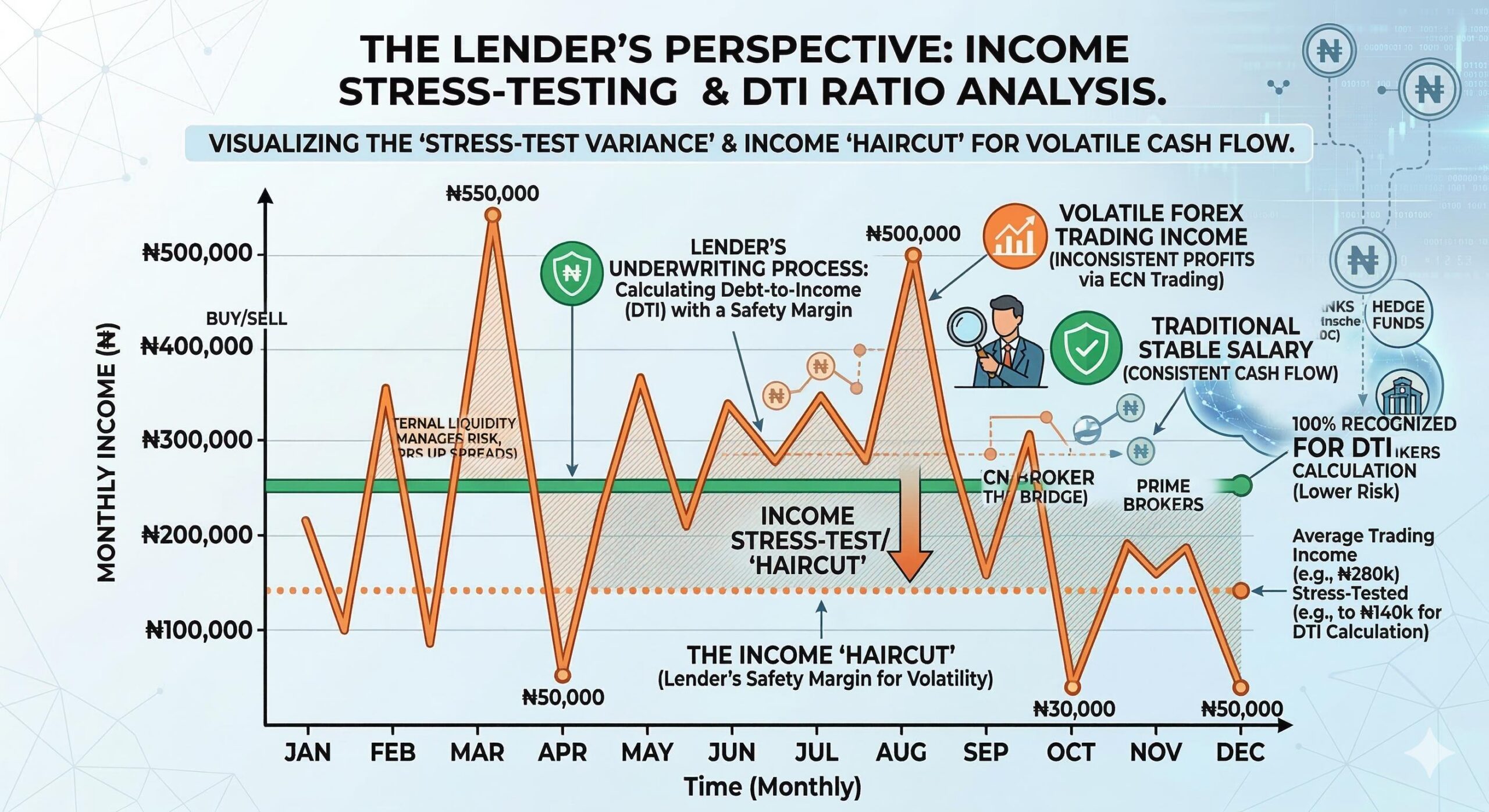 Financial chart comparing a smooth green horizontal line for traditional stable salary, against a highly erratic orange jagged line for volatile trading income.