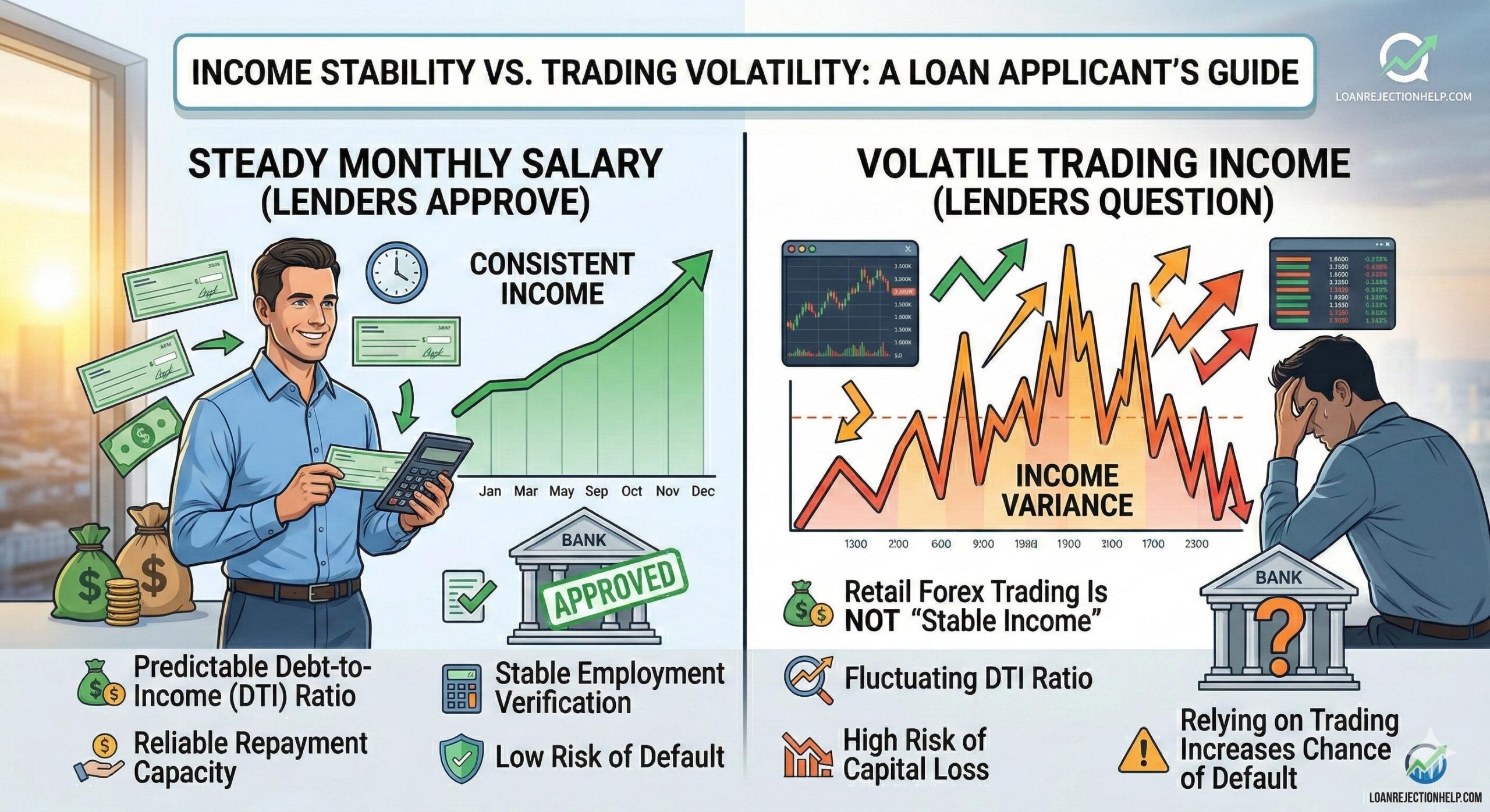 Graphic contrasting stable monthly salary vs. volatile trading income for a loan application.