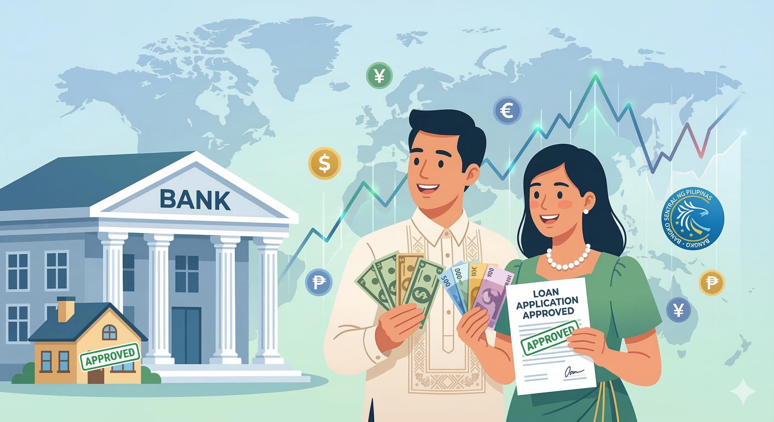 Hero image showing a joyful couple with foreign cash successfully applying for a loan, with a world map and BSP graph.