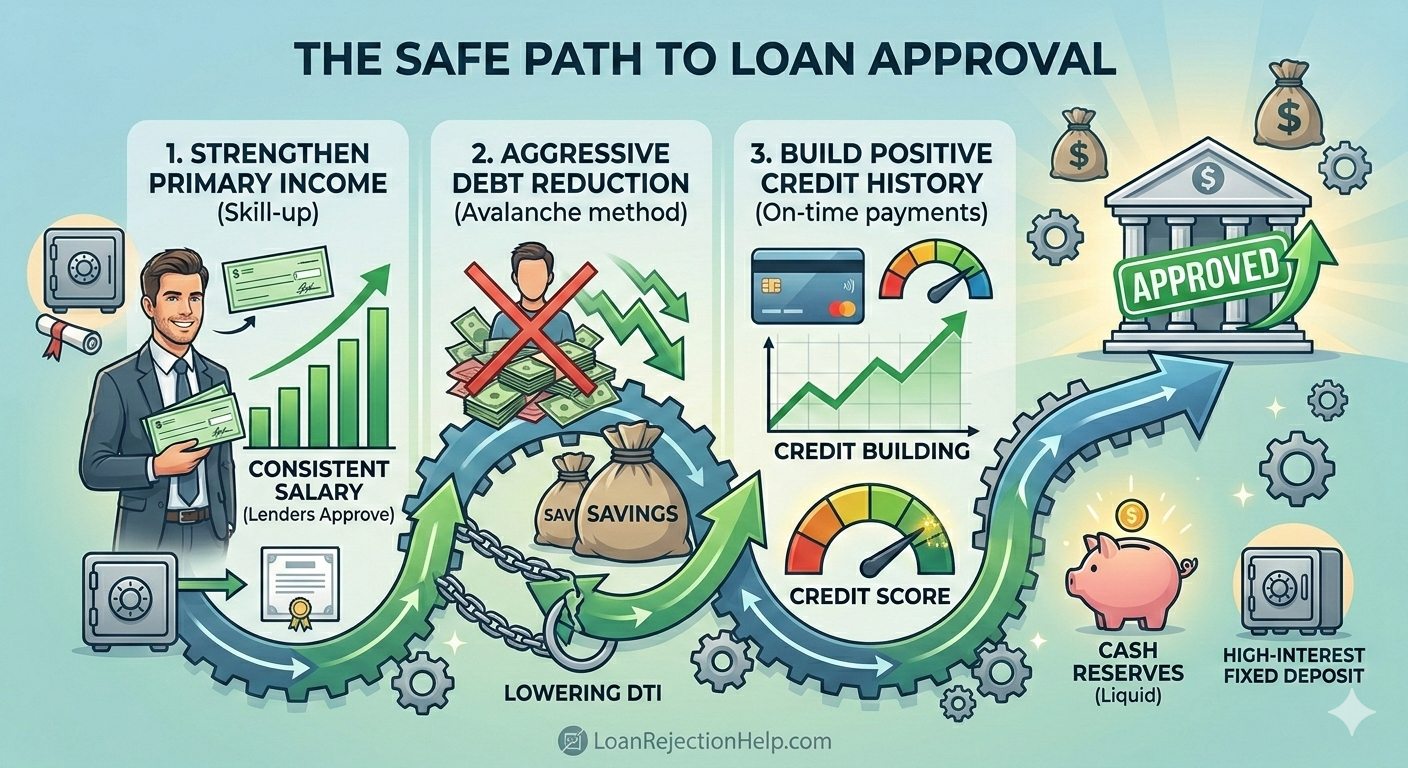 Illustrated roadmap showing the four-step safe pathway to loan approval through primary income growth, debt reduction, good credit history, and emergency savings.