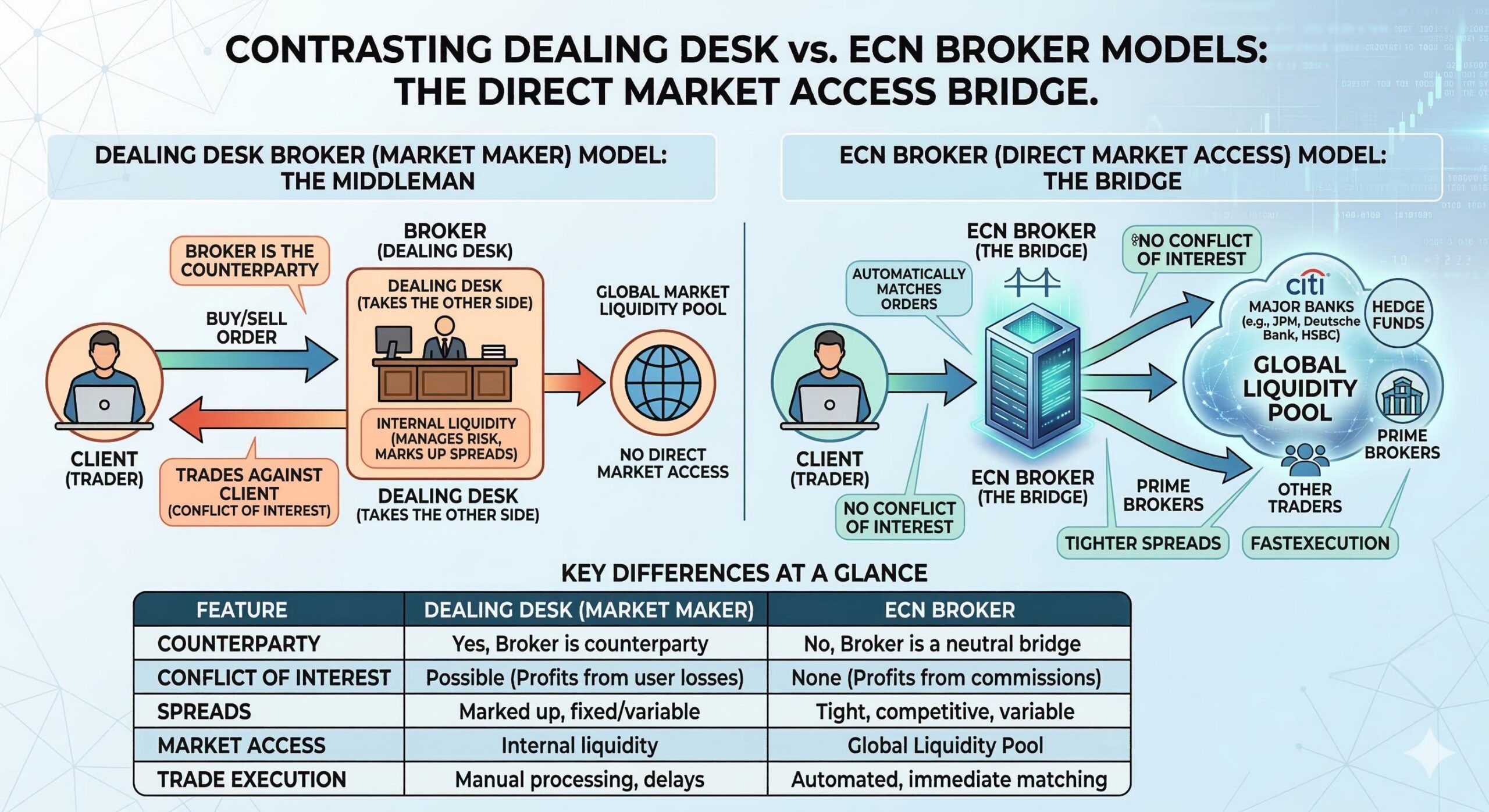 Infographic diagram contrasting a Dealing Desk broker acting as middleman versus an ECN broker providing direct market access bridge.