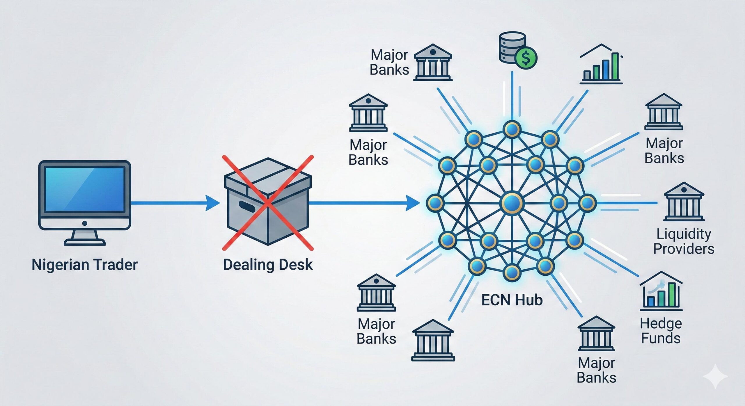 Infographic diagram showing a trader's order passing directly through an ECN hub to multiple liquidity providers.