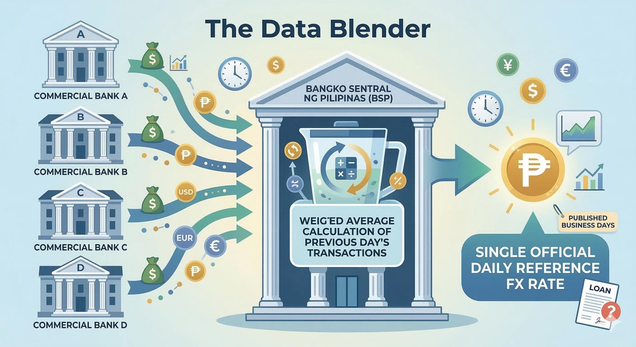 Infographic diagram showing commercial banks feeding transactional data into the BSP building for weighted average reference rate calculation.
