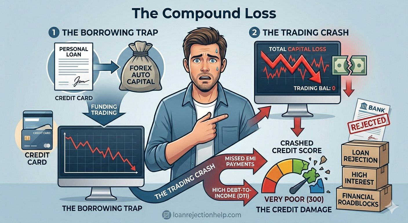 Infographic diagram showing the visual warning of trading losses combined with remaining debt obligations ruining a credit score.