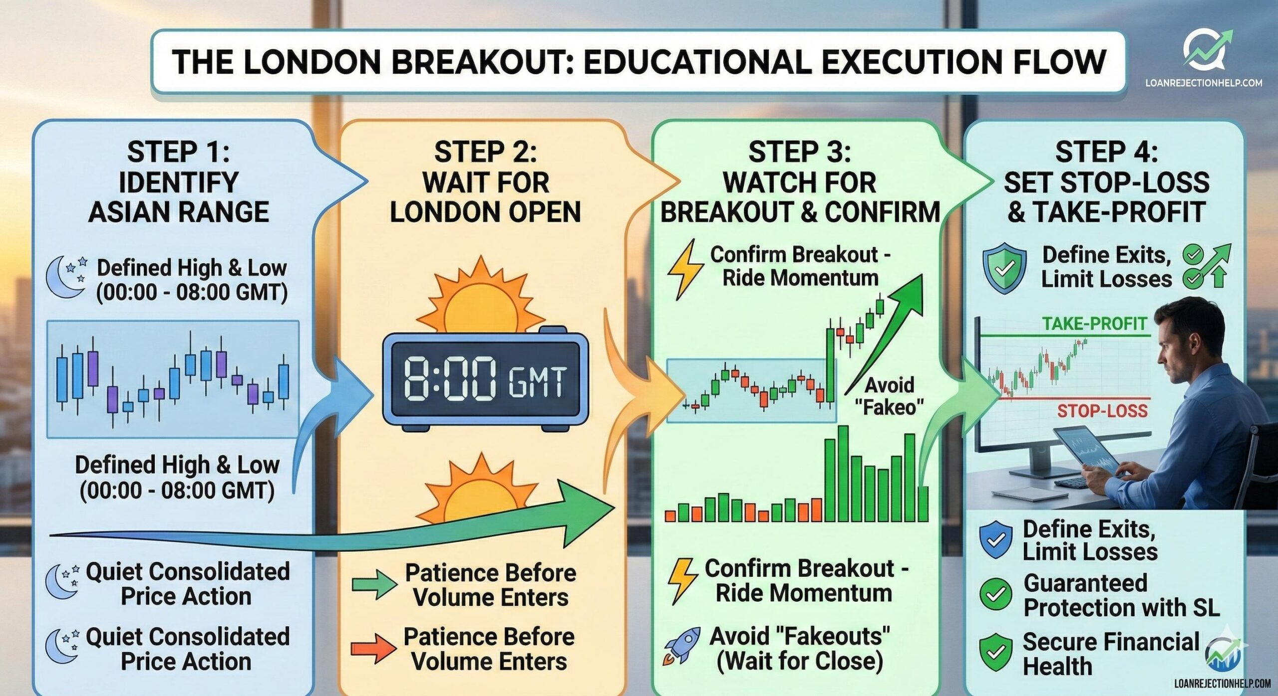 Infographic flow showing the 4 steps to trade the London breakout strategy, emphasizing risk management.
