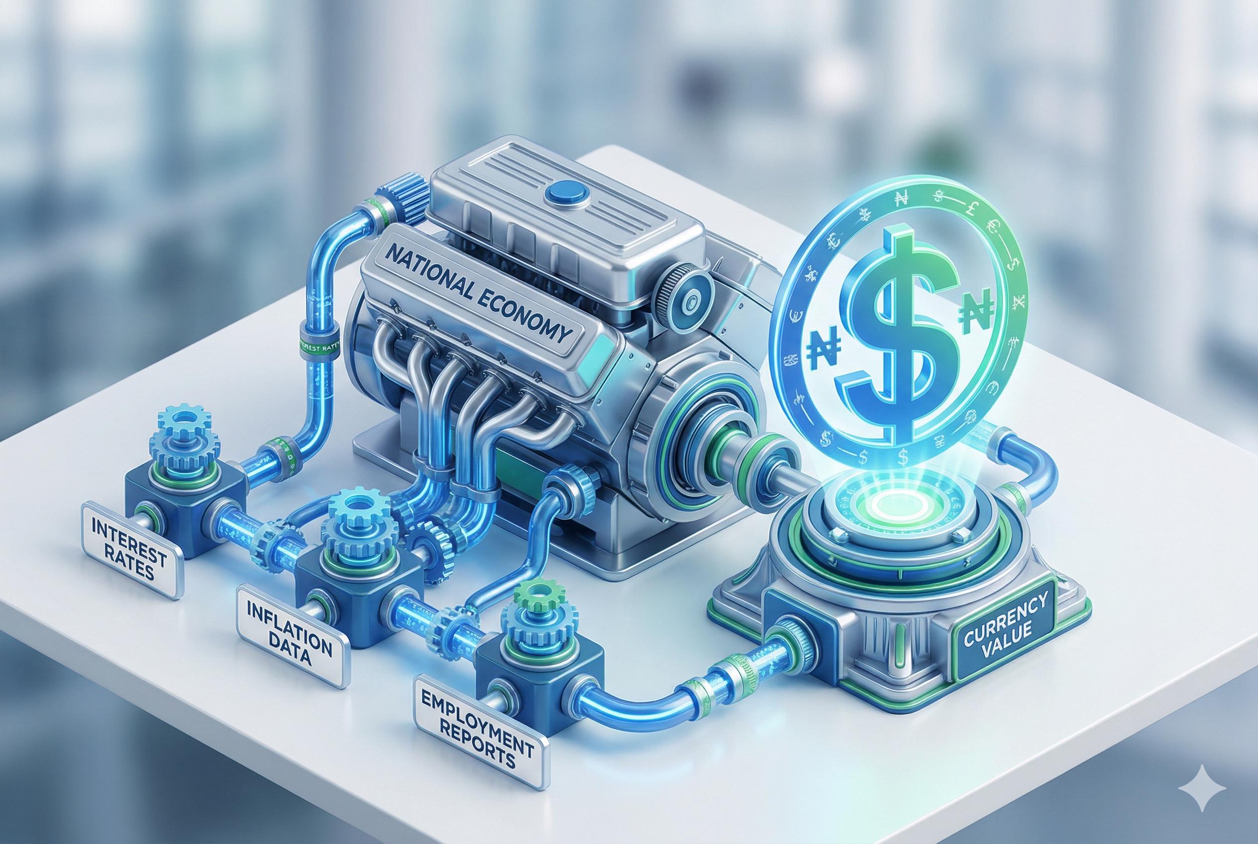 Infographic render showing interest rates and inflation driving the national economy for fundamental analysis.