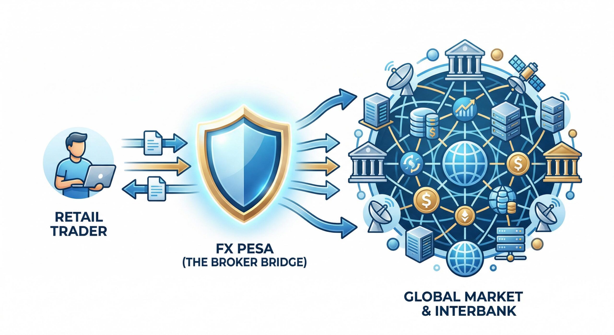 Infographic showing how a broker connects a retail trader to the global market.