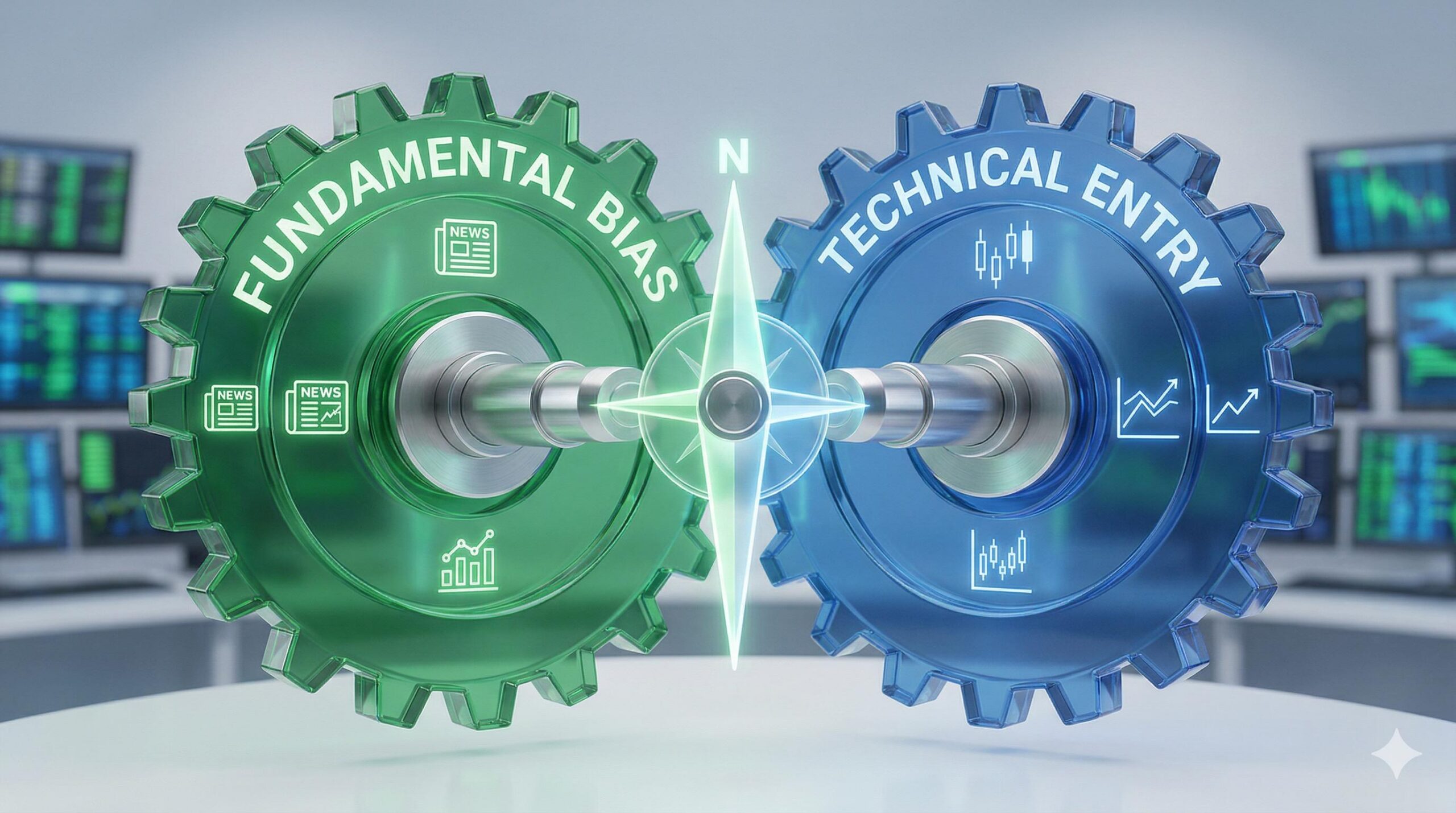 Metaphorical gears showing fundamental bias and technical entry working together.