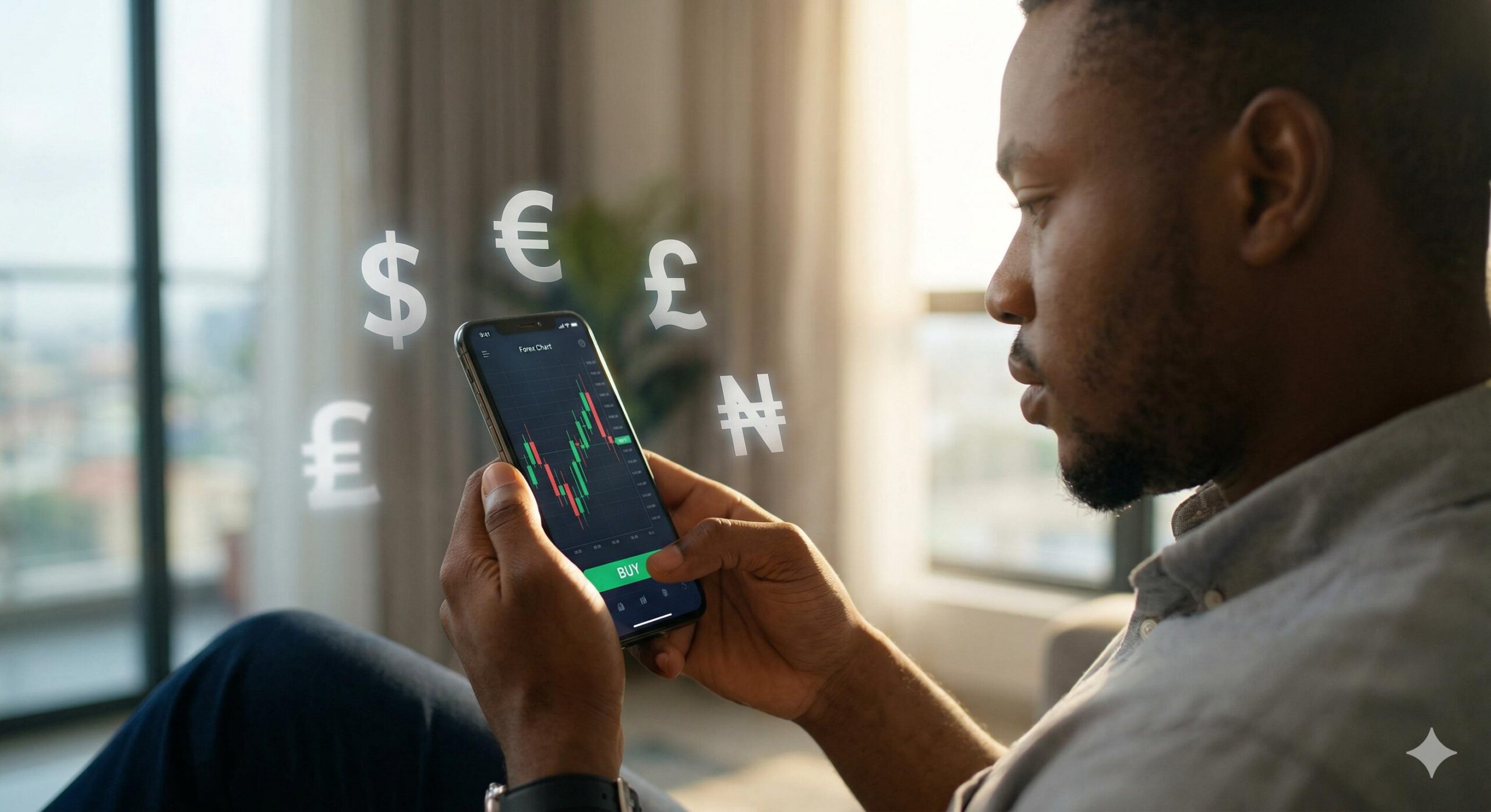 Nigerian beginner trader looking at forex charts on a smartphone.