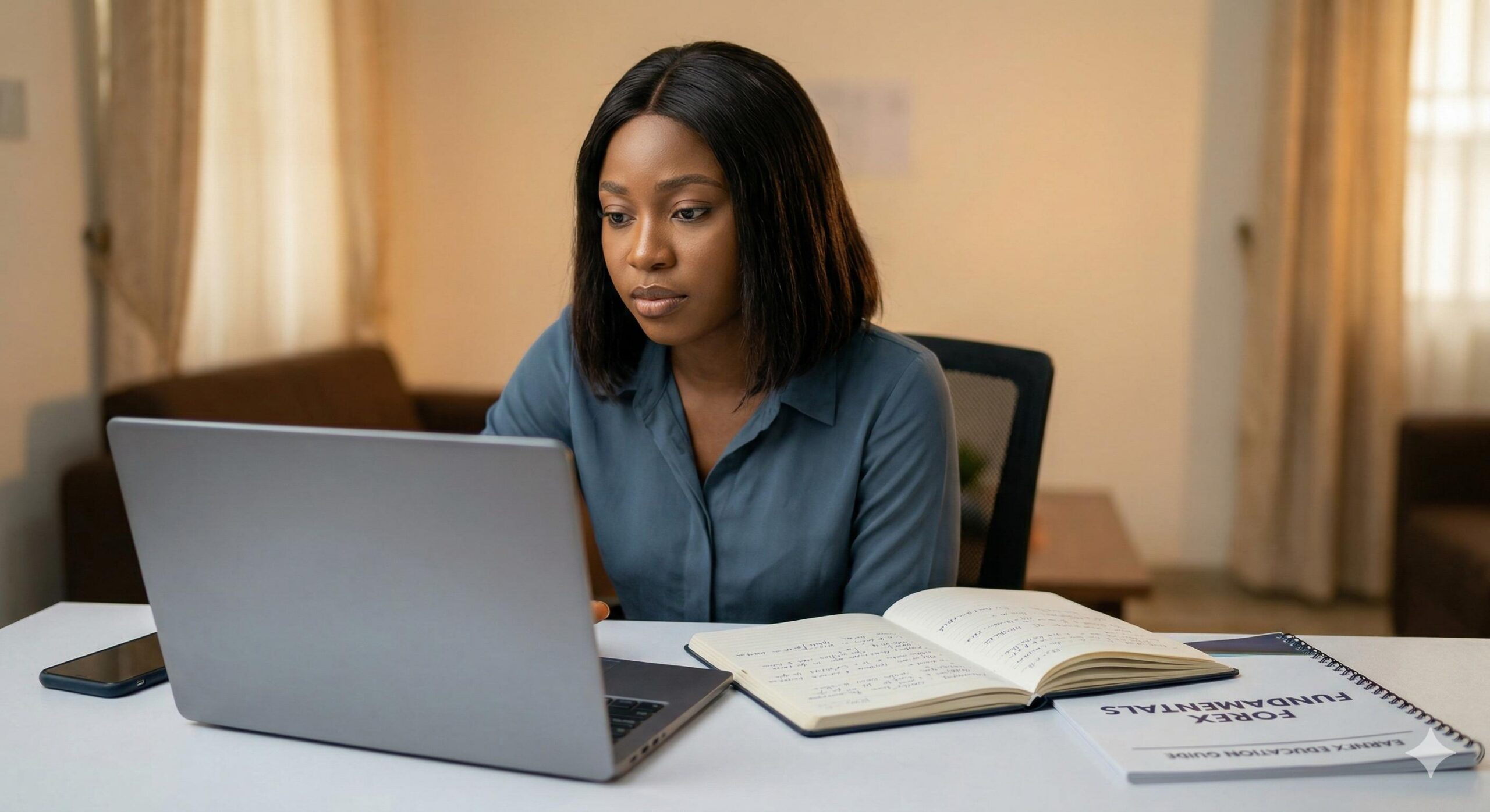 Nigerian woman studying forex educational materials and risk management principles. - Copy