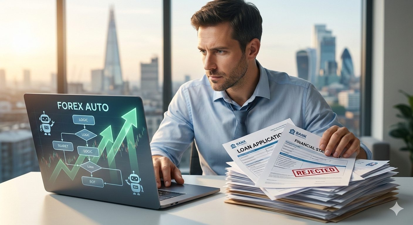 Salaried professional analyzing an algorithmic forex auto flowchart next to a pile of rejected loan application documents.