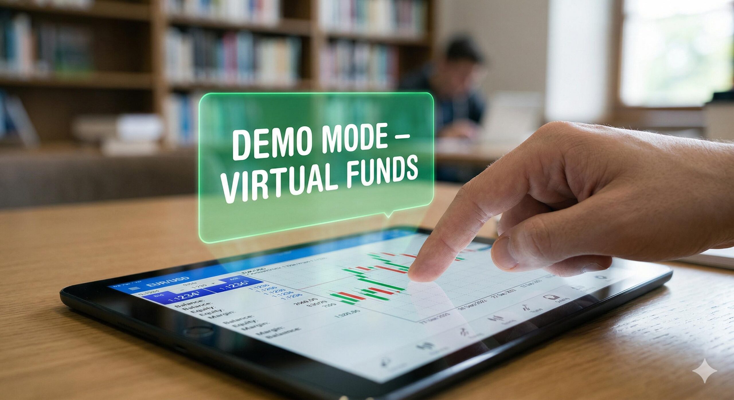 Tablet screen showing a risk-free forex demo trading account environment. - Copy