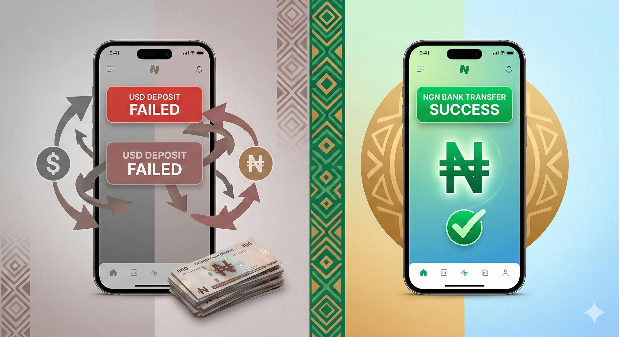 Visual comparison showing a successful Naira local bank transfer for trading versus a failed USD deposit.
