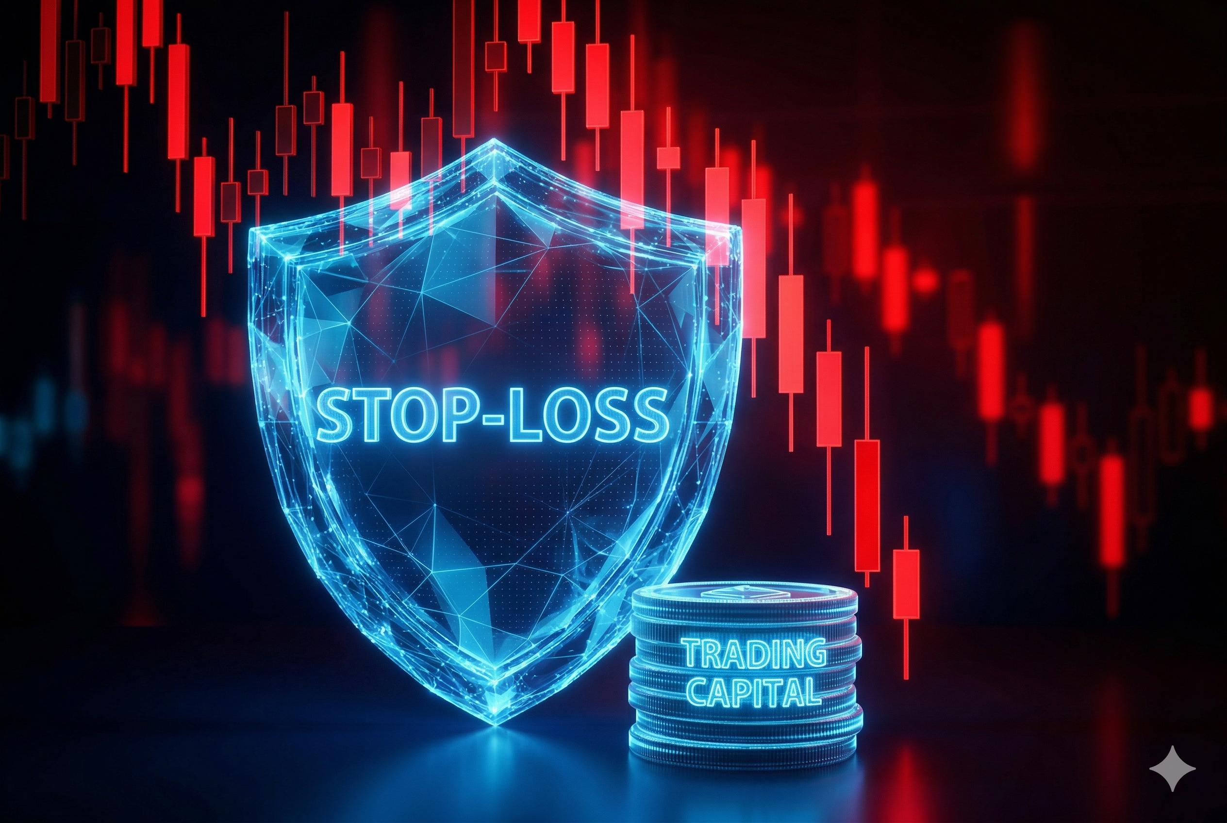 Visual metaphor of a _Stop-Loss_ shield protecting trading capital on a volatile chart.