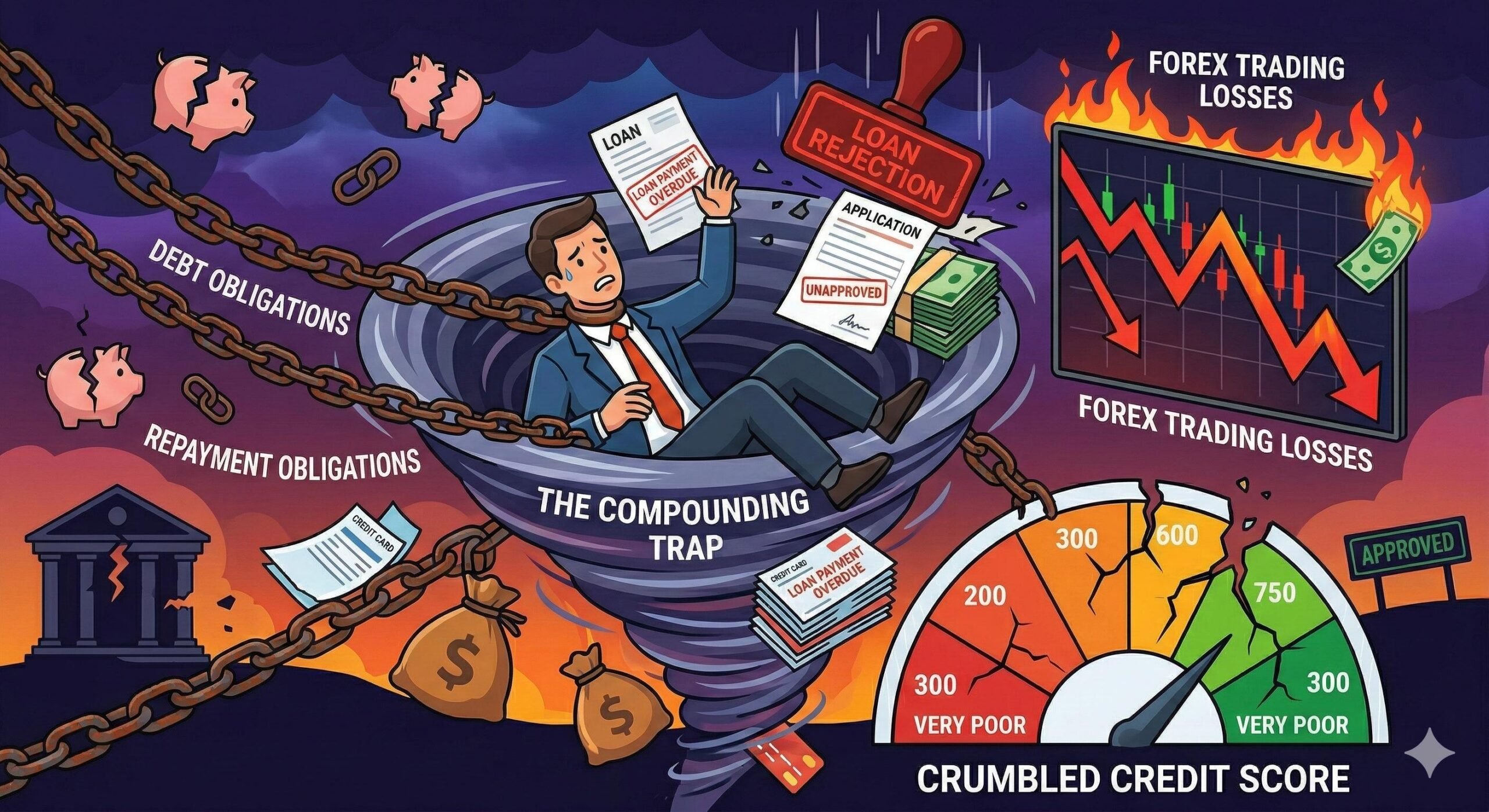 Visual warning of trading losses combined with debt obligations ruining a credit score.