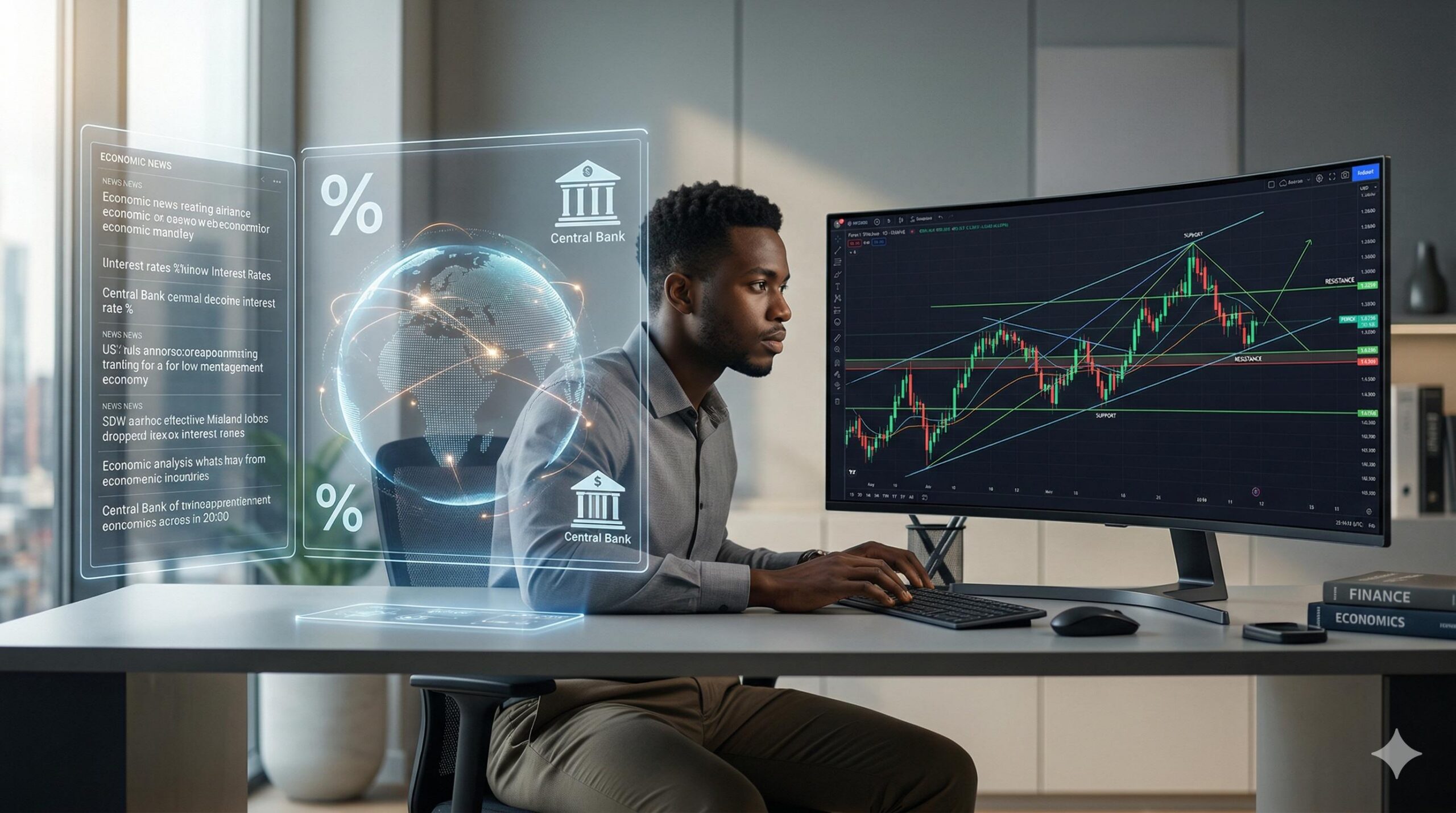 Visualization of fundamental and technical analysis inputs for forex trading.
