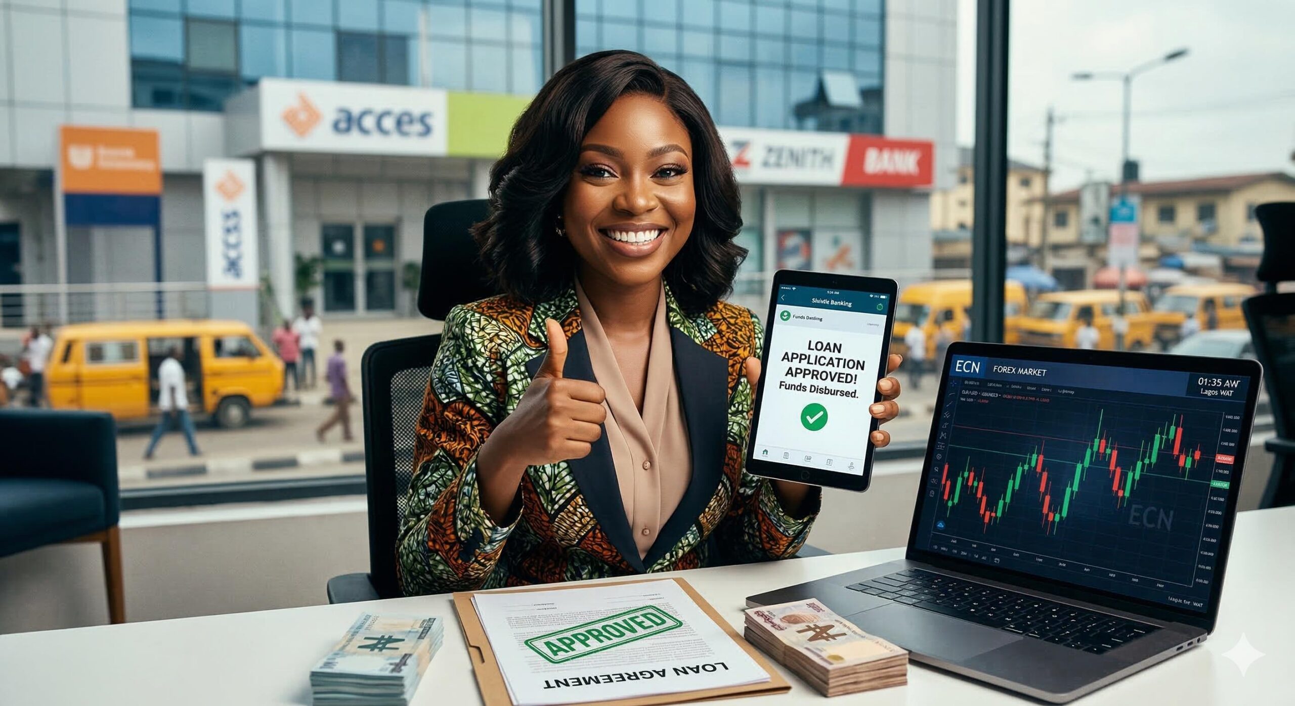 image showing a joyful Nigerian professional with currency charts and a bank building successfully applying for a loan.