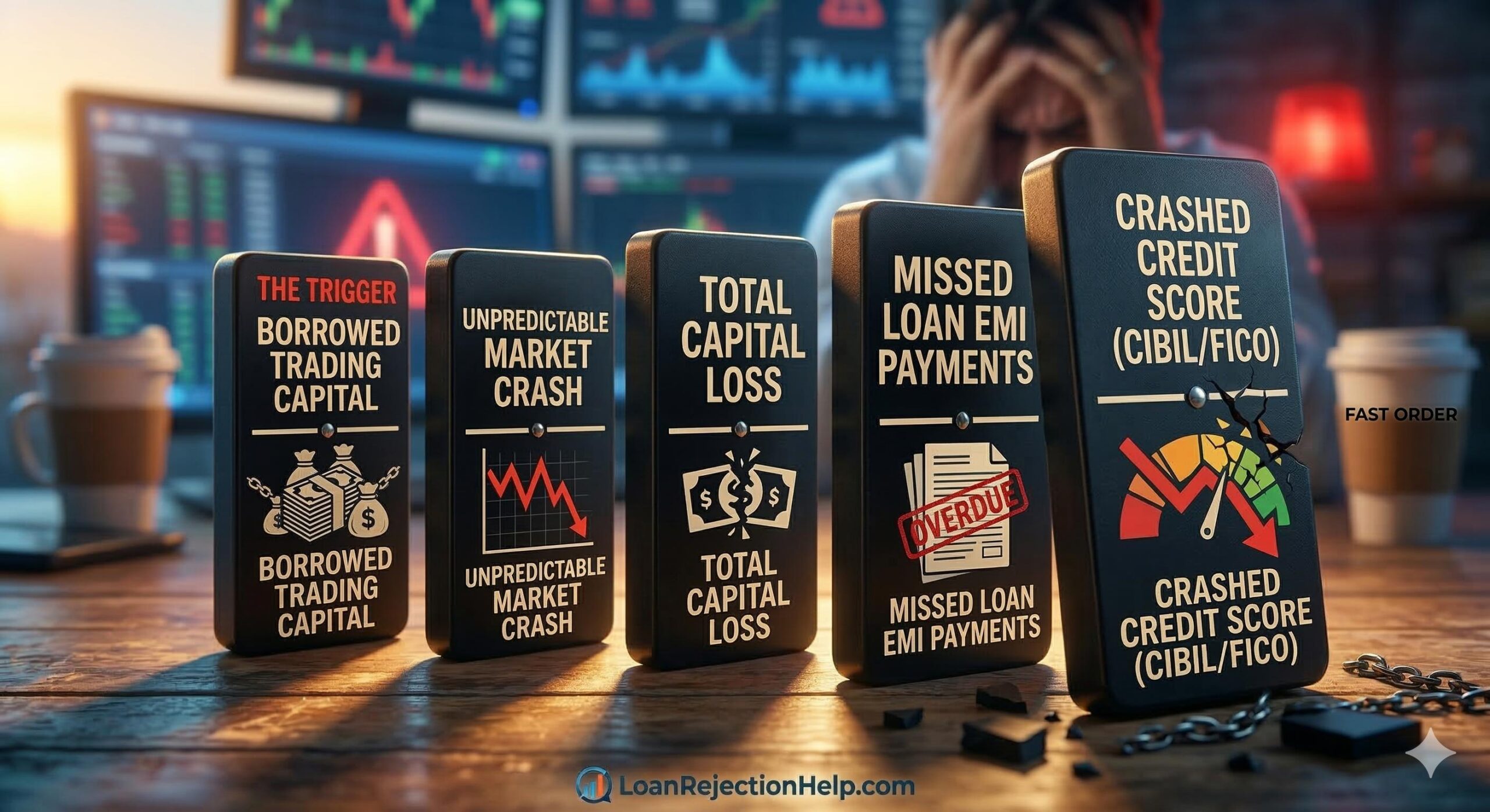 using dominoes to show how borrowing money for trading (leverage) leads to market drawdowns, missed payments, and finally a crashed credit score.