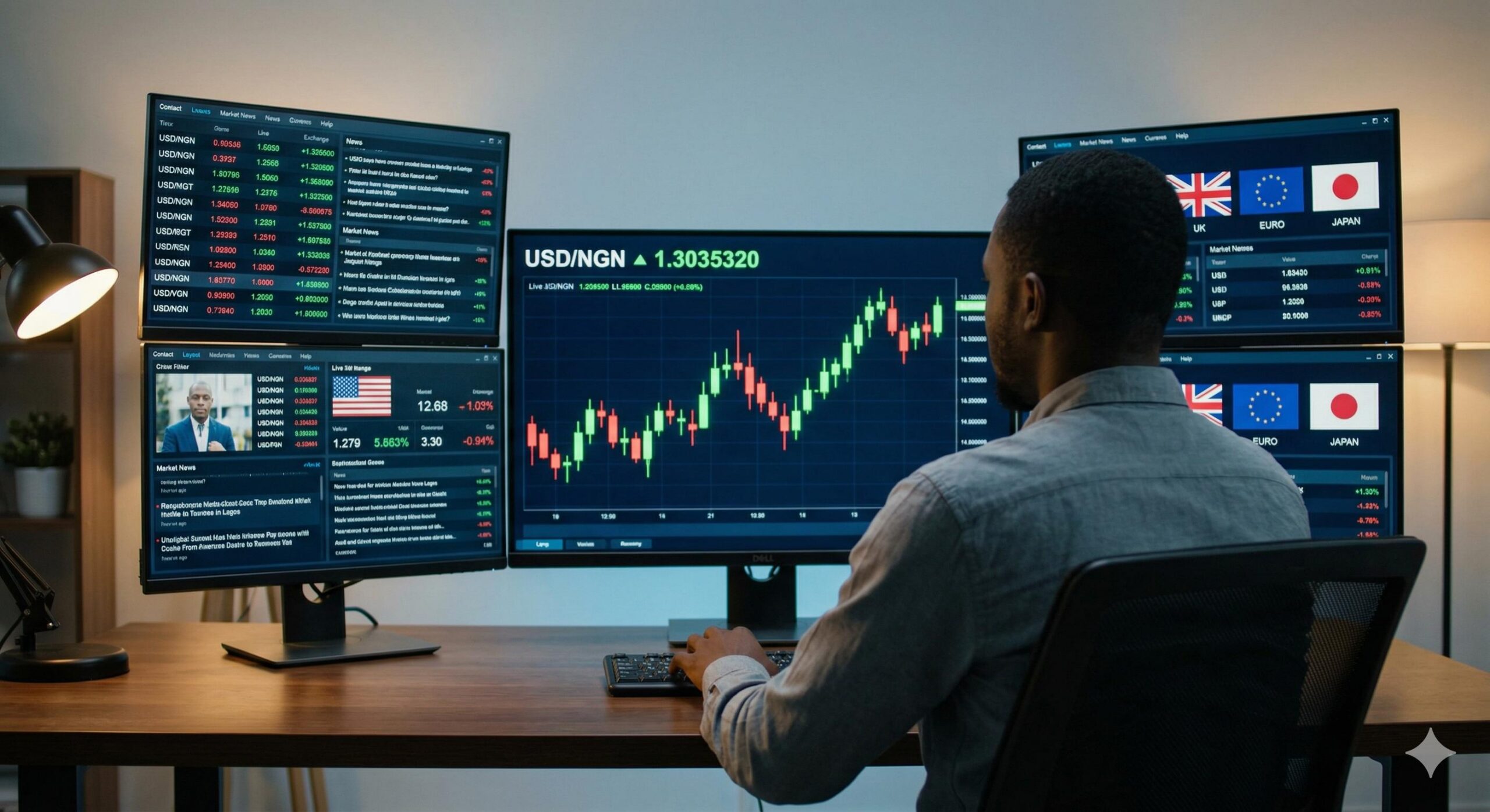 A Nigerian professional analyzing real-time global currency exchange charts on multiple computer screens.