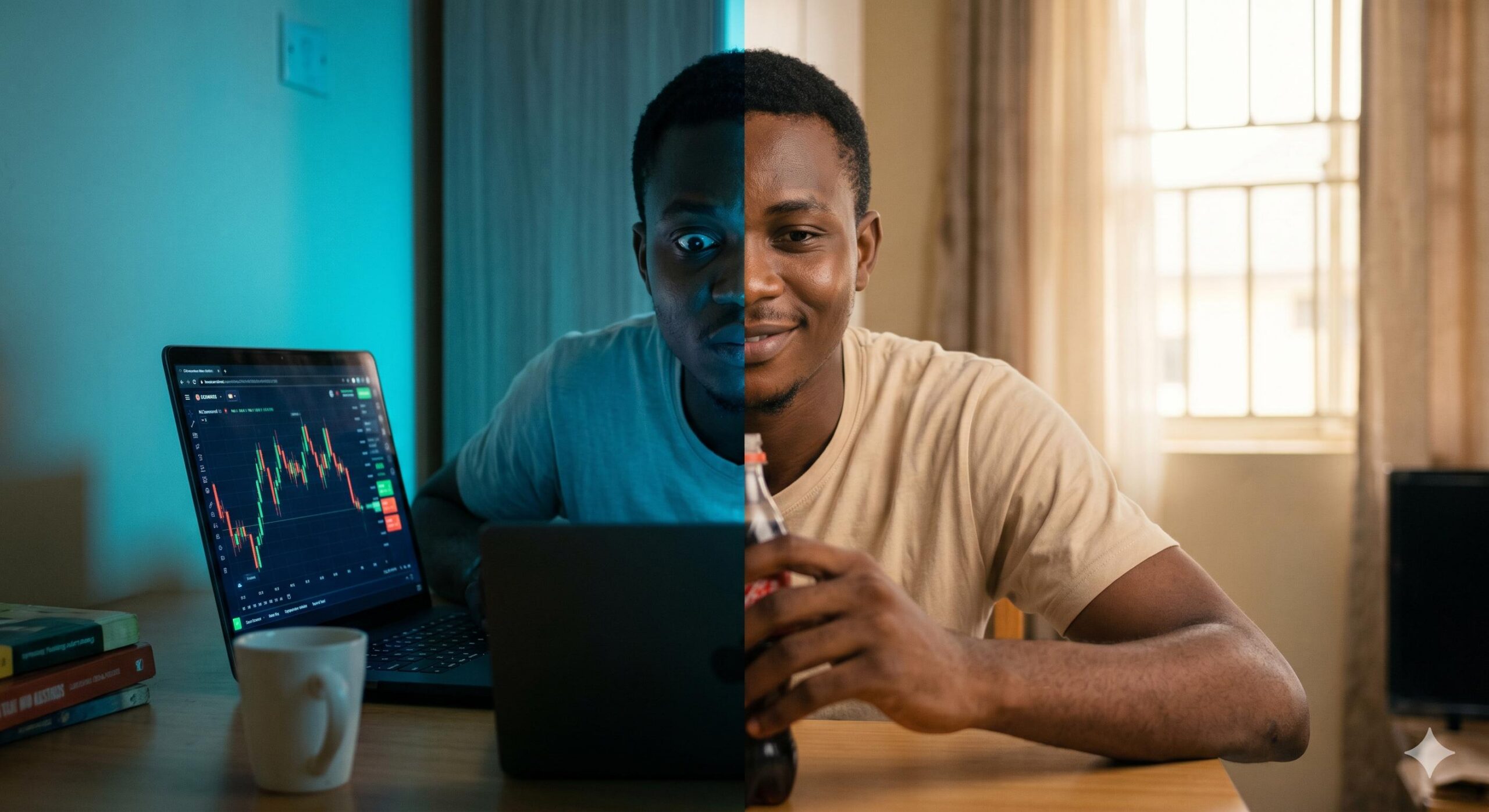 A calm trader in daylight and a tense trader under screen light, showing emotional differences between demo and live trading.