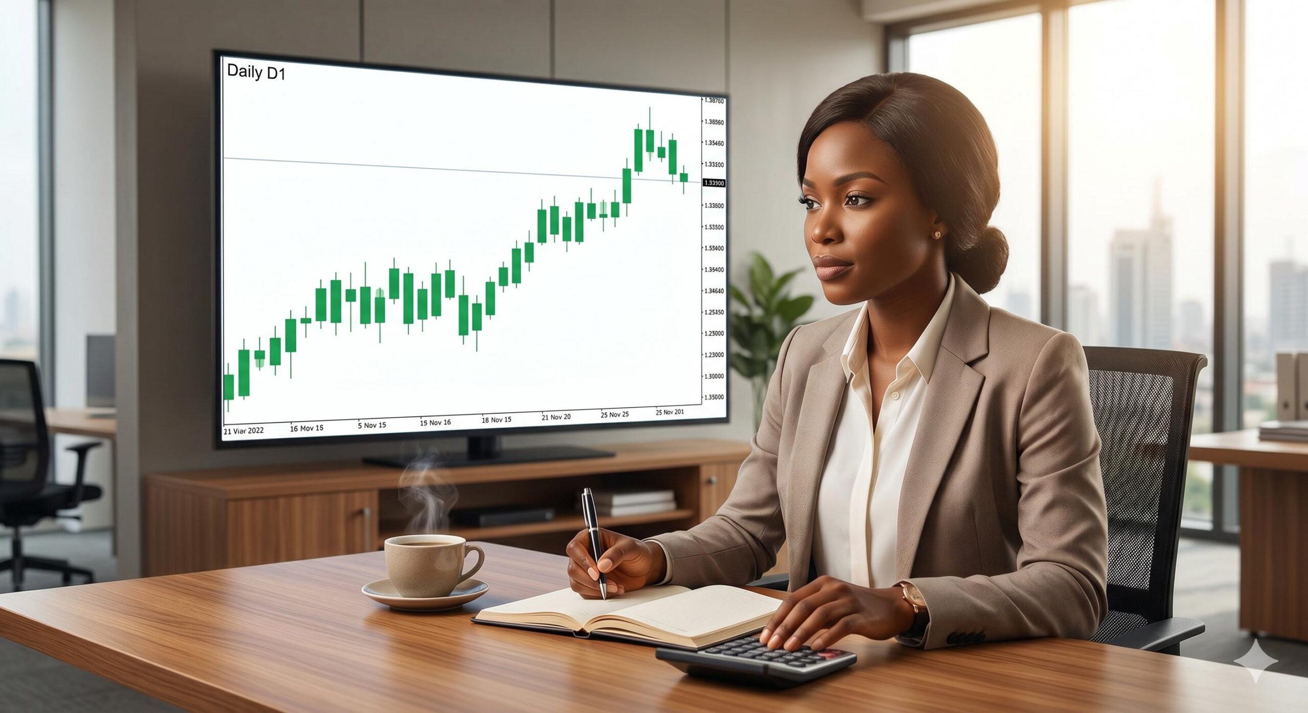 A calm trader strategically planning gradual growth on multi-day charts.