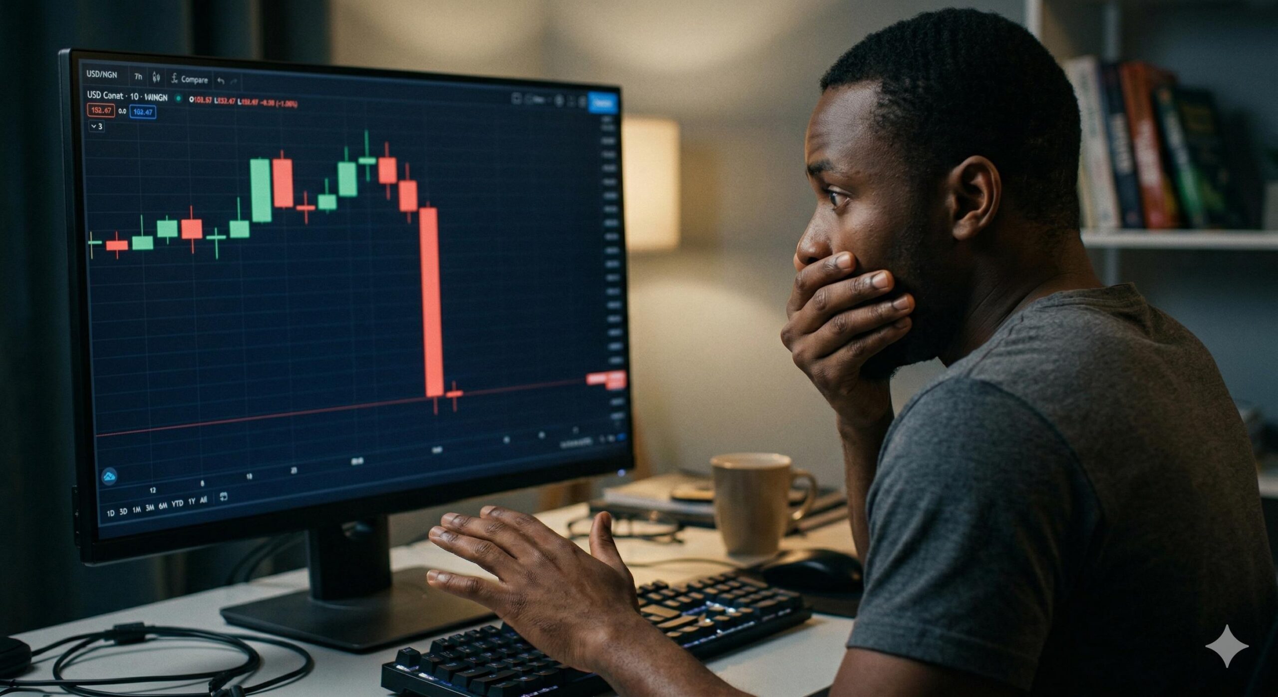 A cautious trader reacting to a sudden price drop on a live currency exchange chart, illustrating market risk.