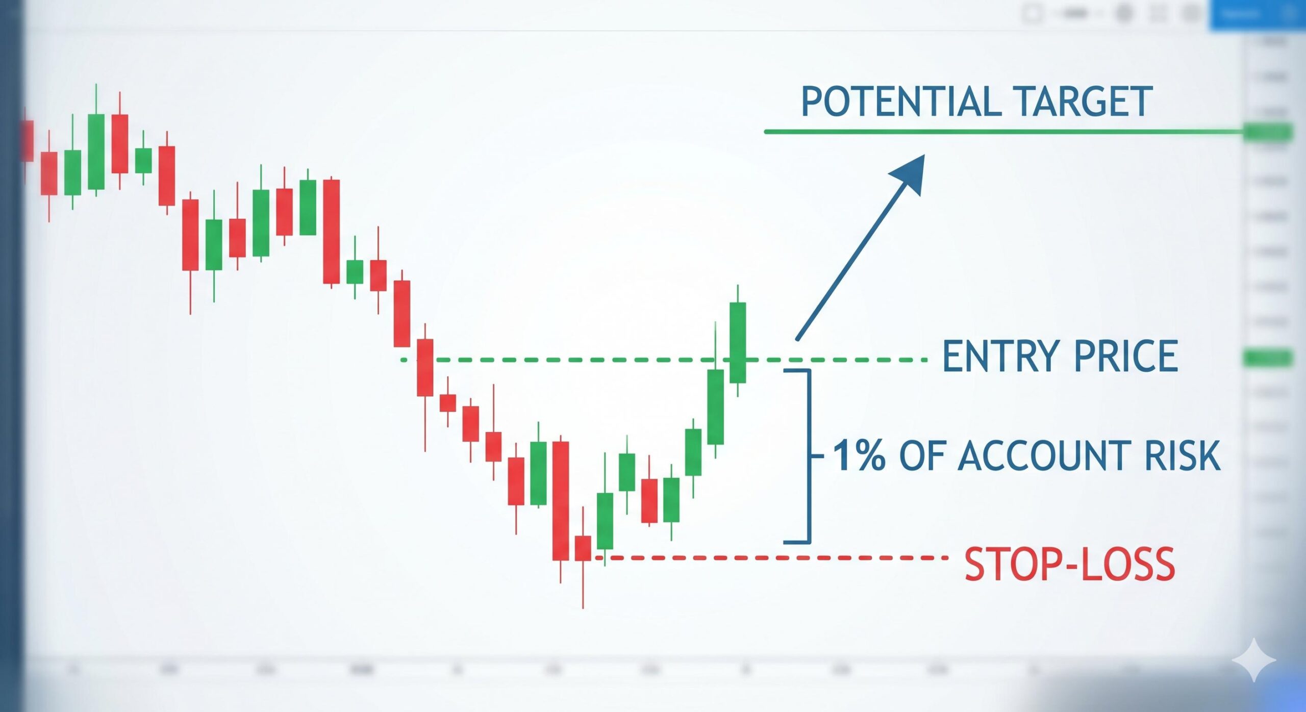 A clean Forex chart diagram illustrating a trade entry, stop-loss, and 1% capital risk structure.