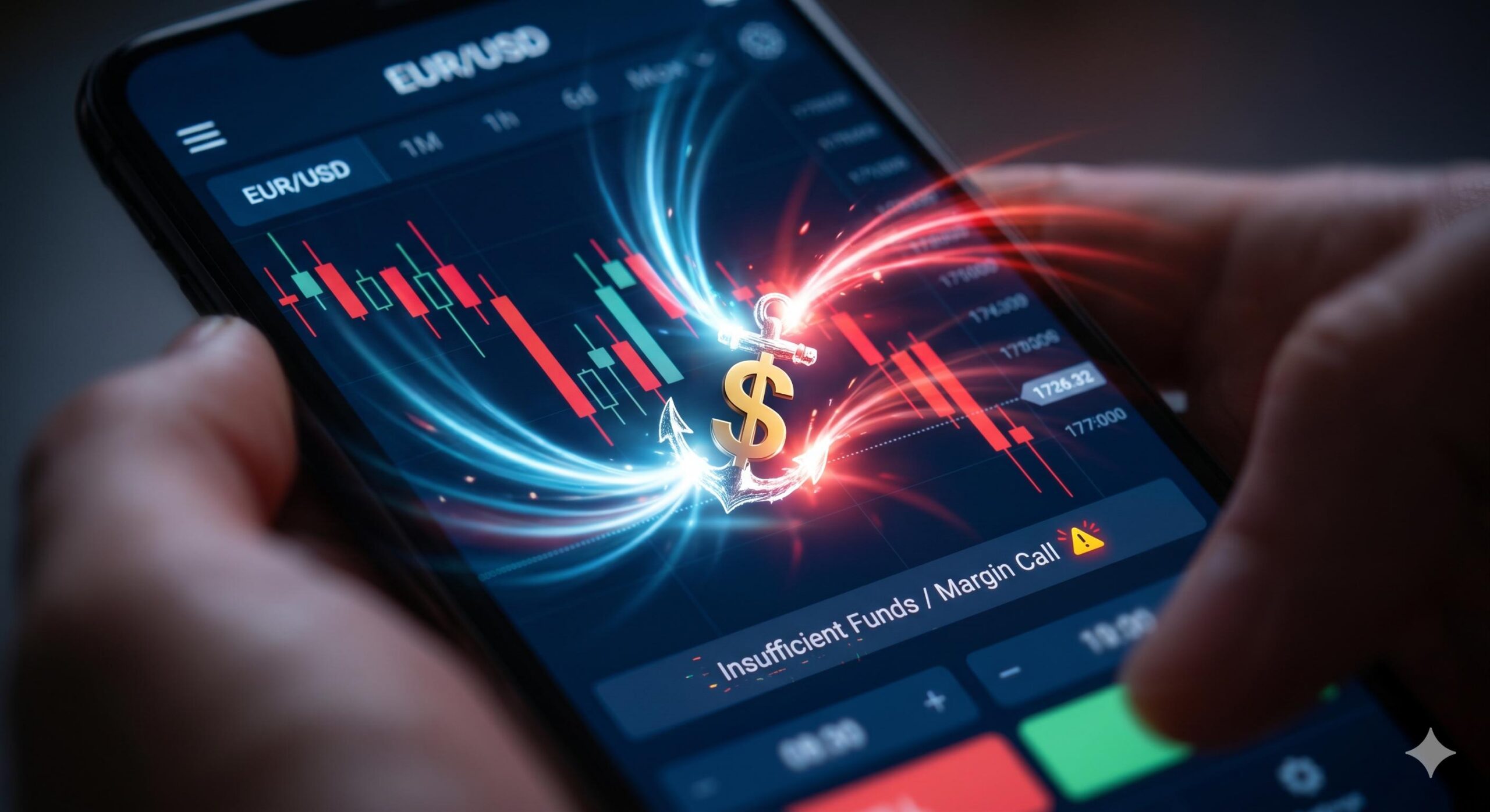 A close-up of a smartphone screen showing a red market drop overwhelming a small investment and triggering a Margin Call warning.