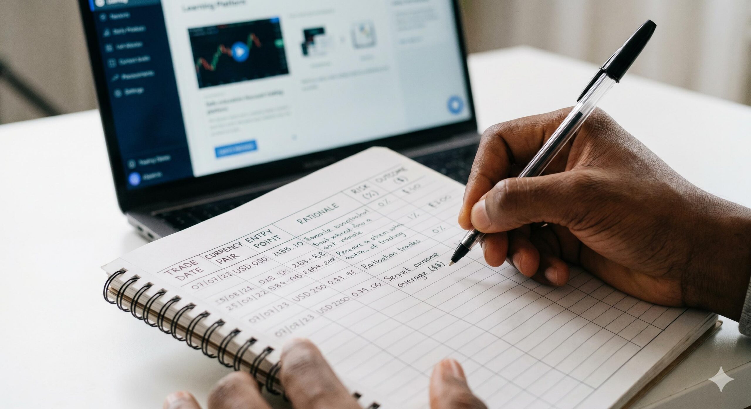 A close-up photograph of hands (visibly African_Nigerian skin tone, perhaps) actively writing with a simple pen in a detailed trading journal.