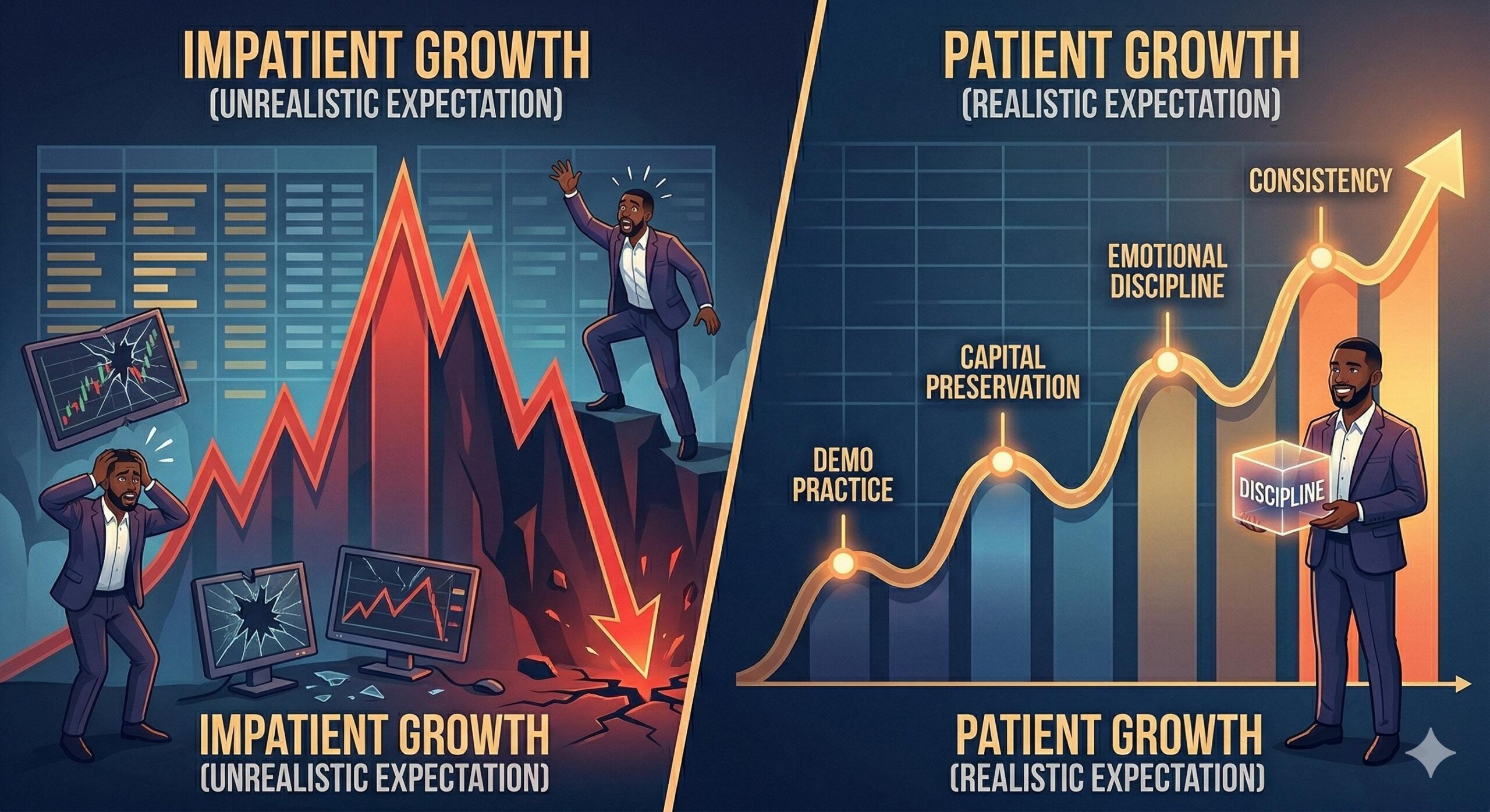 A comparison of a volatile, crashing red curve versus a bumpy, upward-trending green curve showing patient growth.