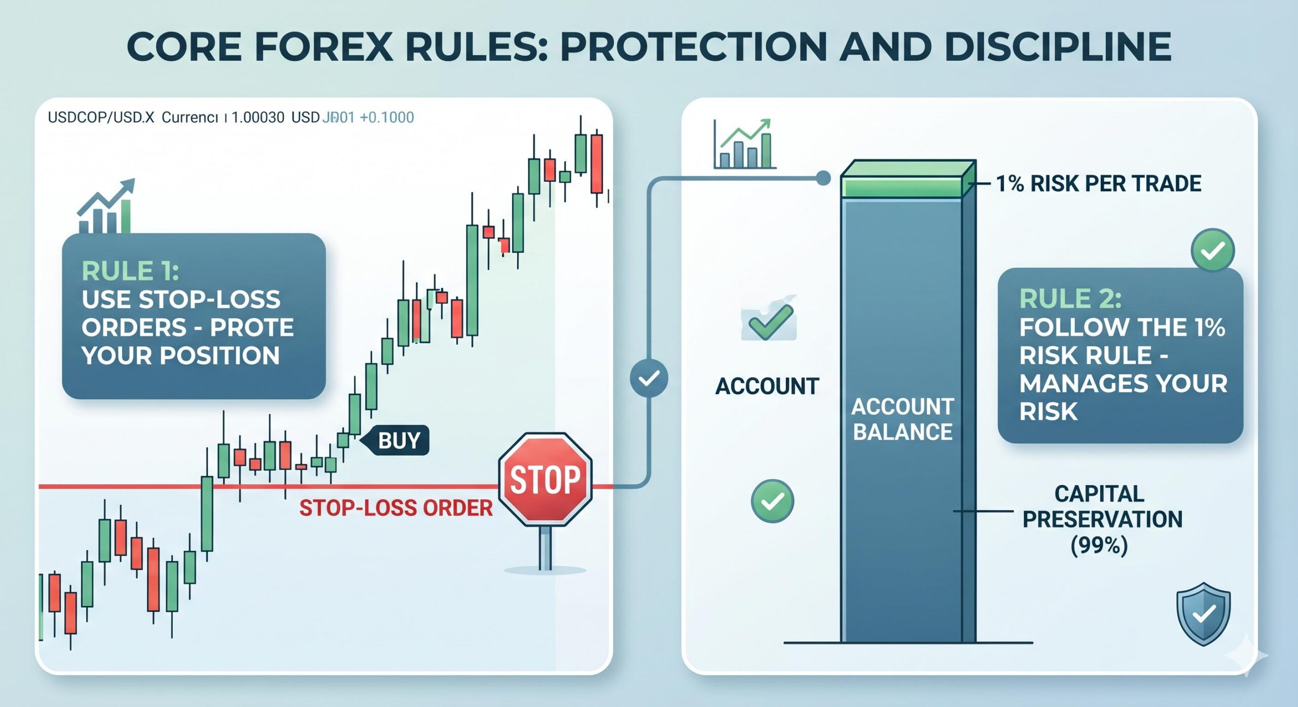 _A detailed educational infographic. On one side, a close-up of a trading chart with a prominent red 'STOP-LOSS ORDER' line clearly visualized, protecting a position