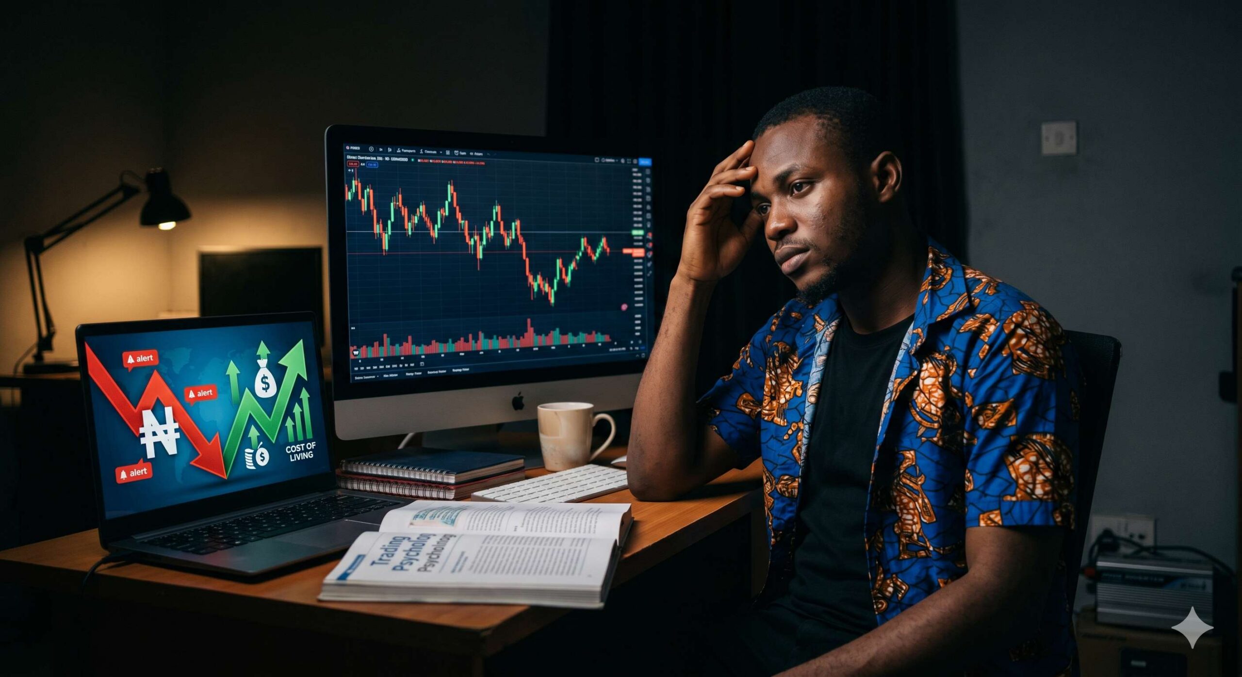A determined but weary trader navigating the immense psychological pressure of trading with a weak currency.