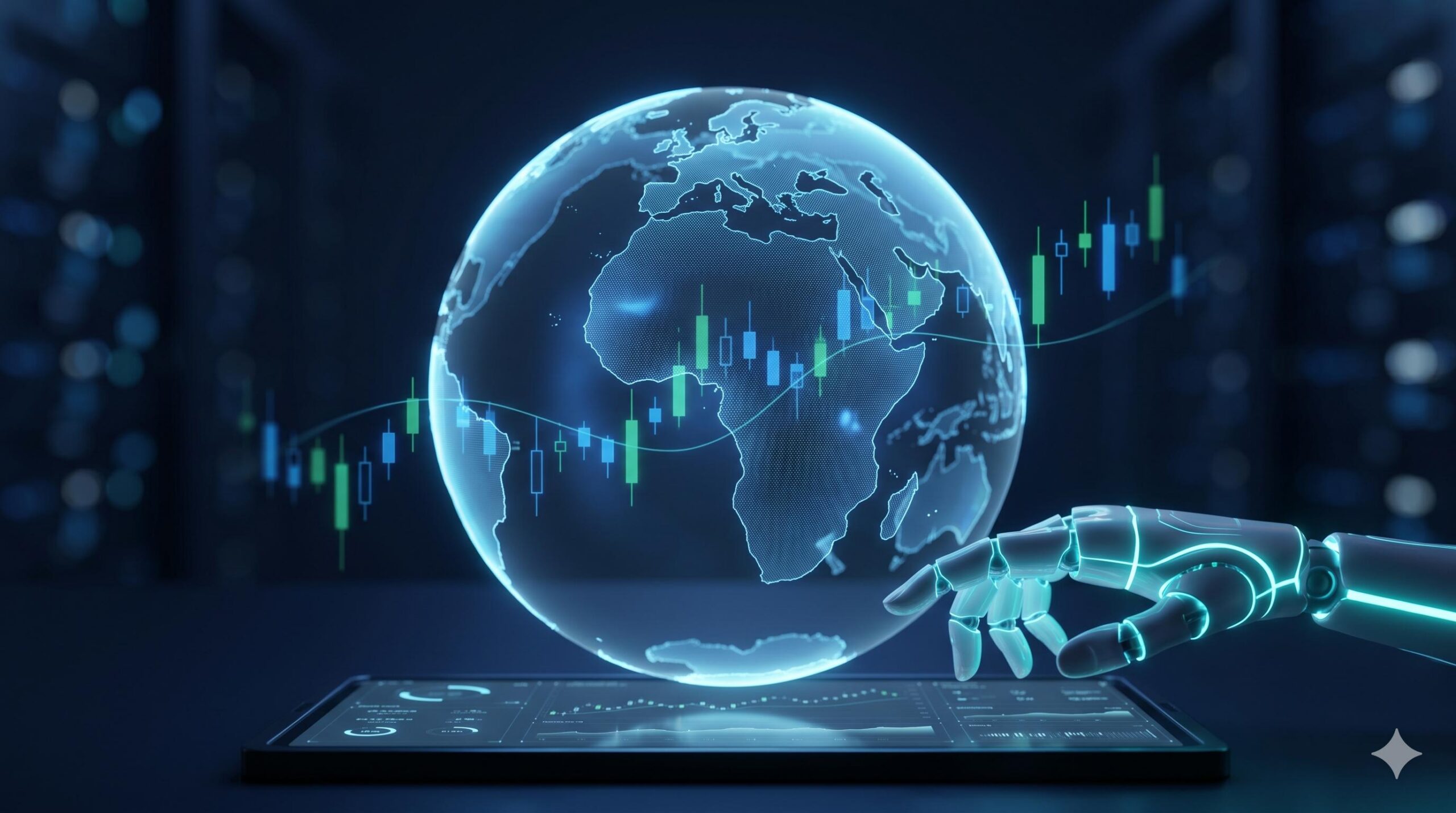 A digital globe with glowing forex candlestick charts and an abstract robotic hand hovering over a control panel.