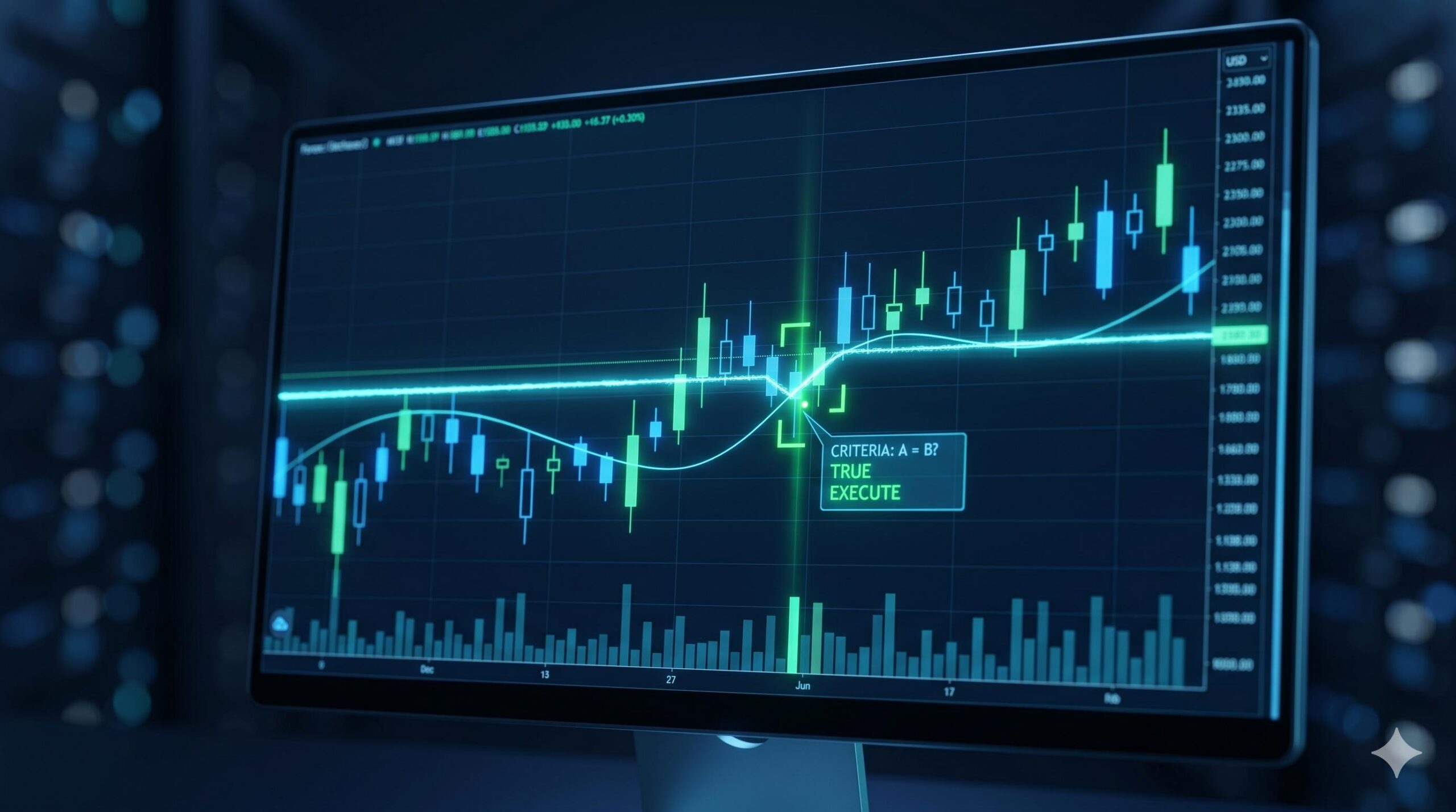 A digital scanner sweeping across a forex candlestick chart, highlighting specific data points.