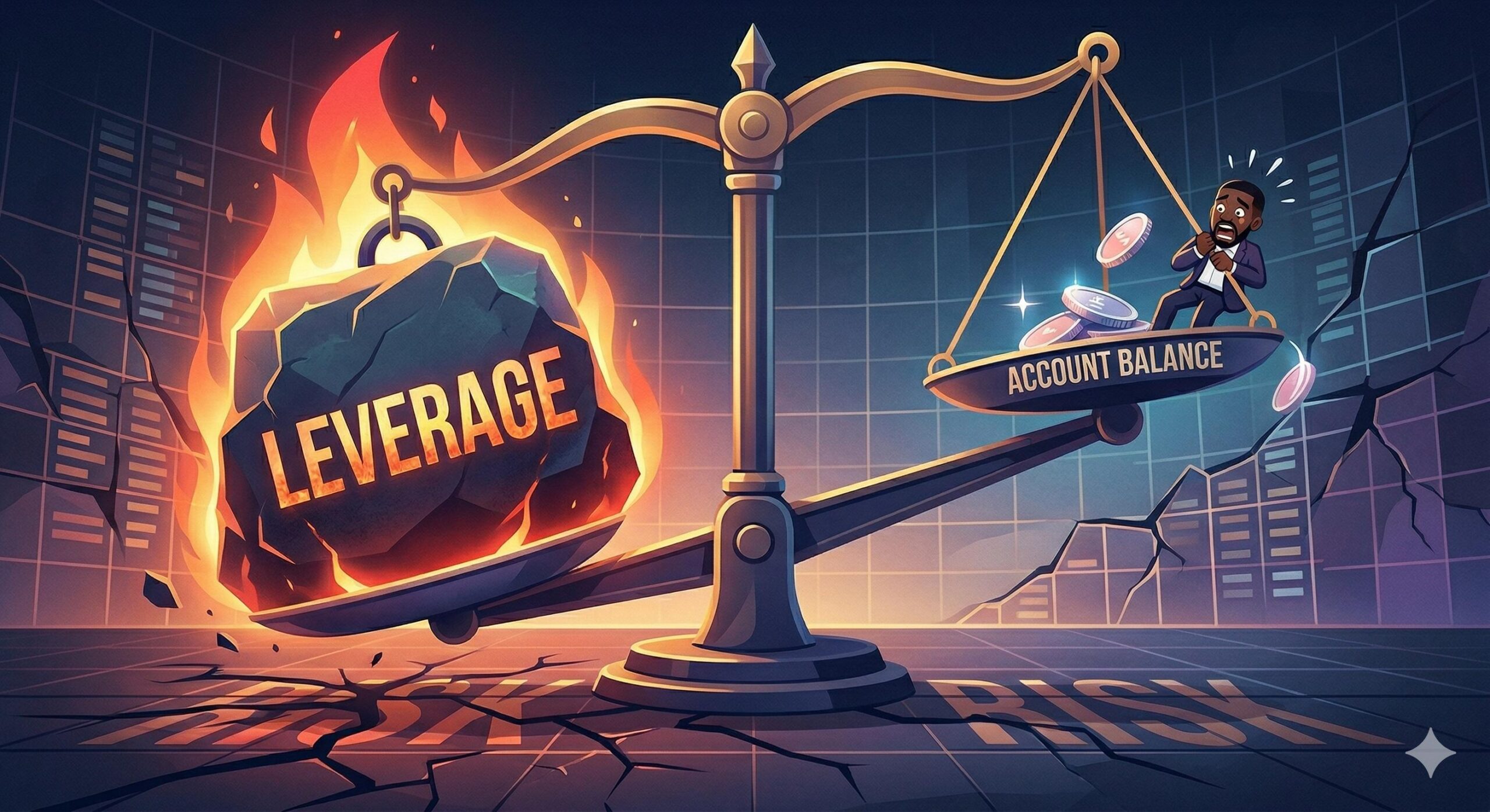 A digital visualization of ancient scales tilting dangerously due to excessive 'LEVERAGE' weight.
