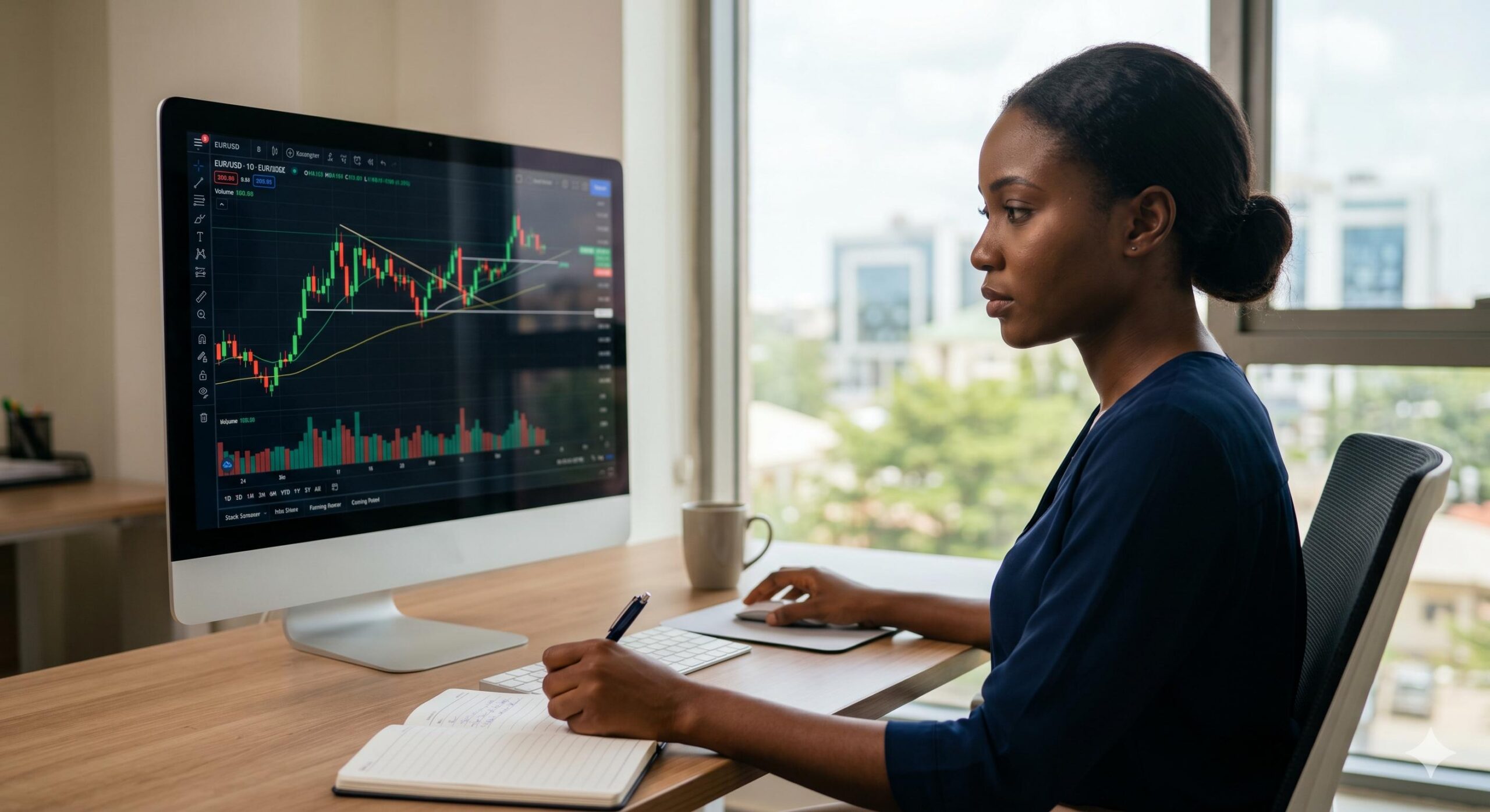 A focused professional trader analyzing Forex charts at a clean workstation.