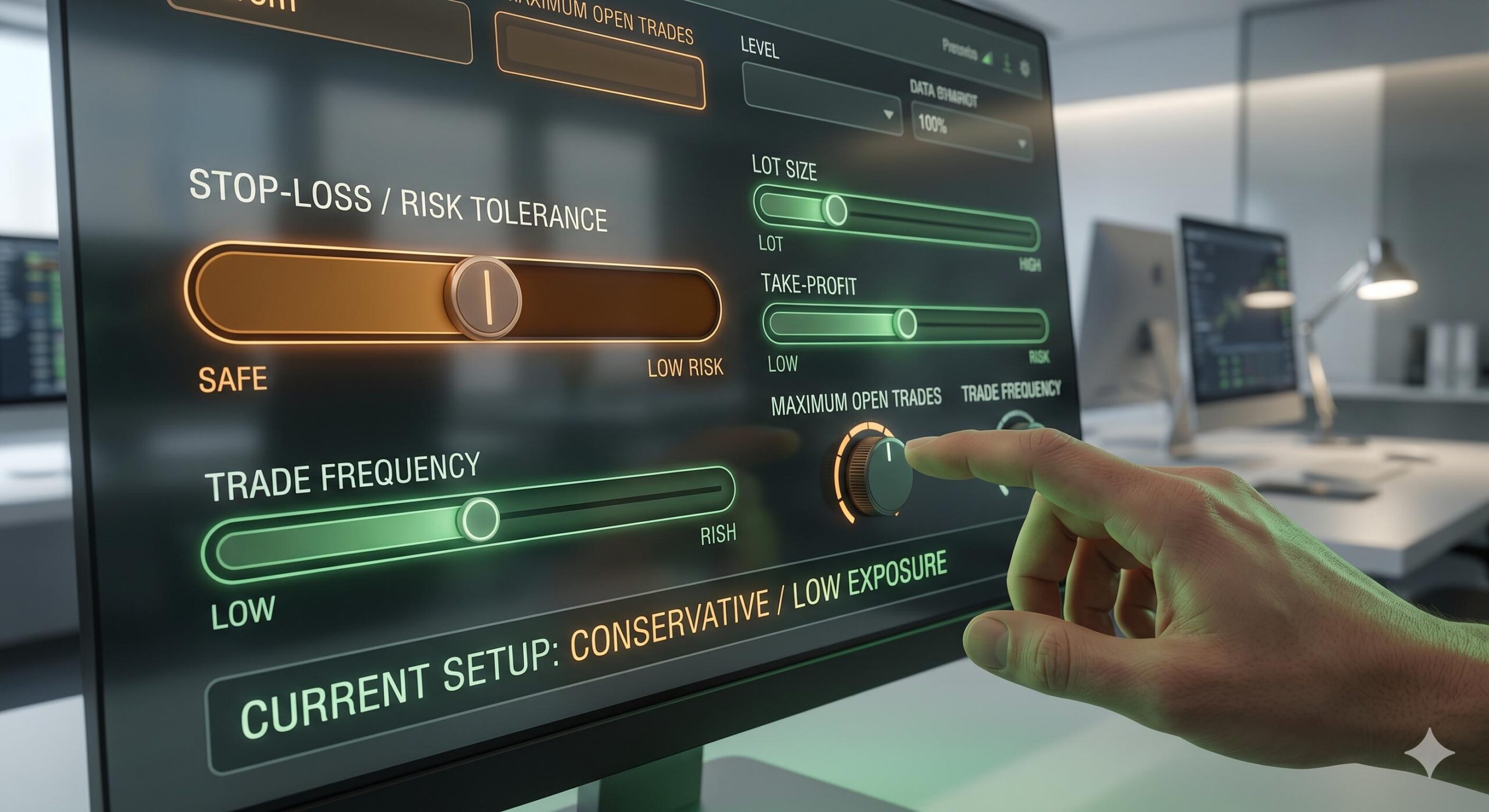 A human hand adjusting safety limit dials and sliders on a modern digital trading dashboard.