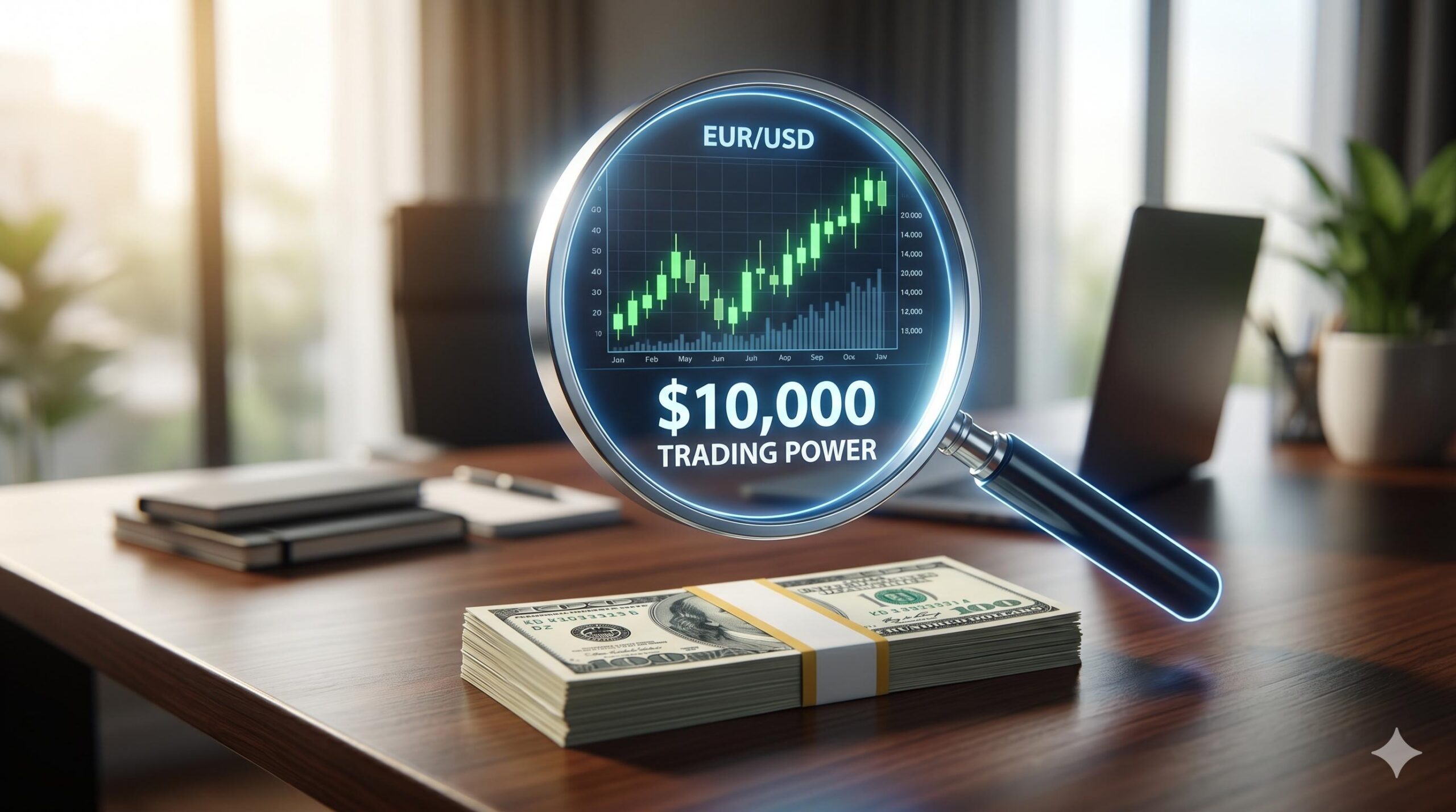 A magnifying glass visualizing small capital controlling larger trading power.